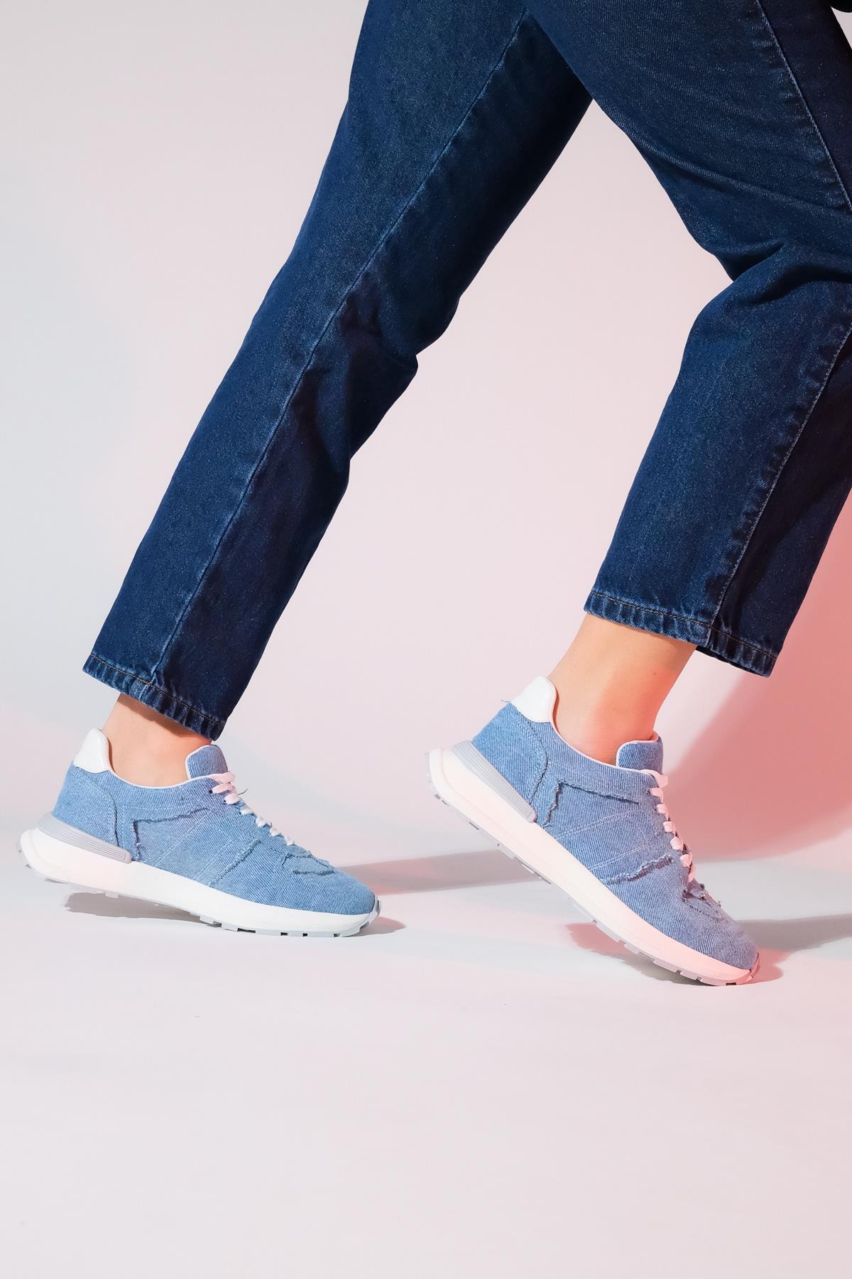 Rafael - Blue Denim Sport Sneaker – heel view showing leather, blue, red, Vowalisse