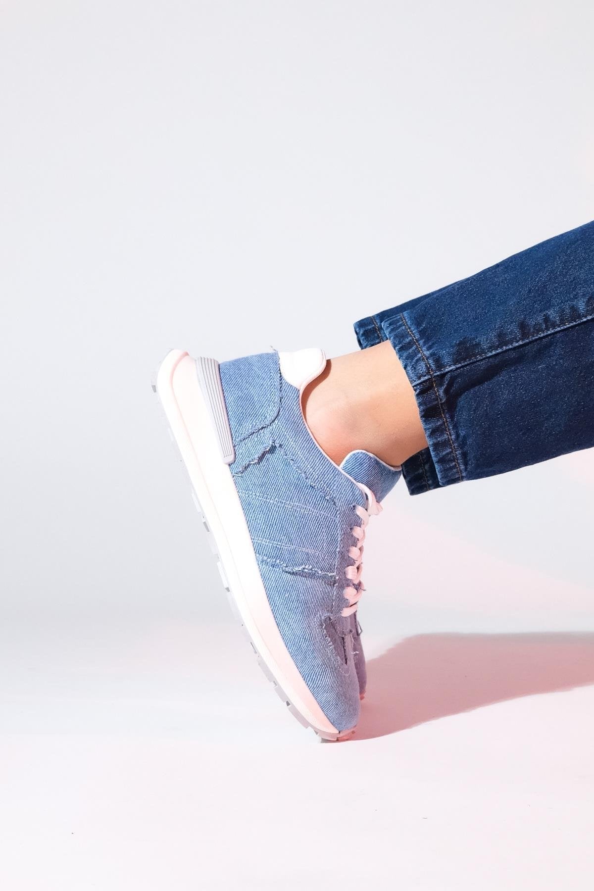Rafael - Blue Denim Sport Sneaker – back view showing leather, blue, red, Vowalisse