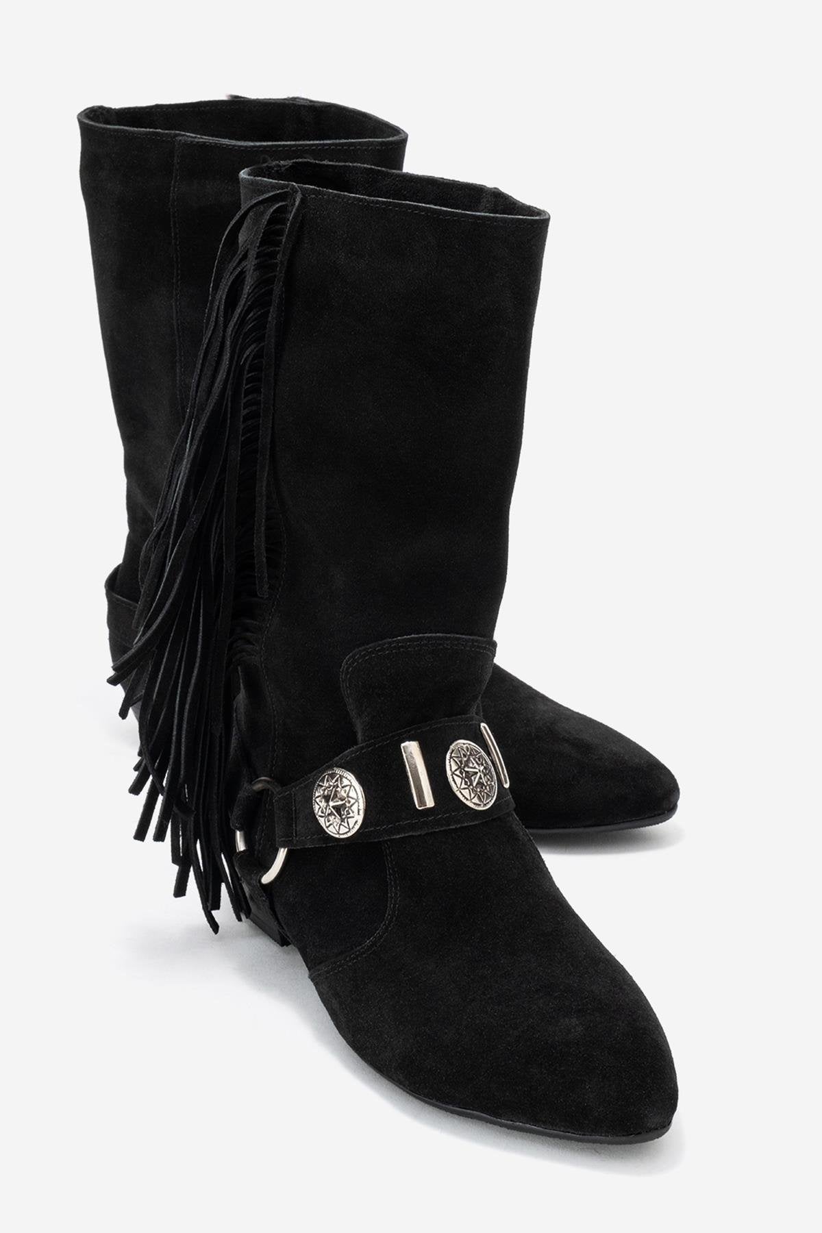 Selora - Black Genuine Leather Buckled Western Boot – front three-quarter view showing leather, suede, black, Vowalisse