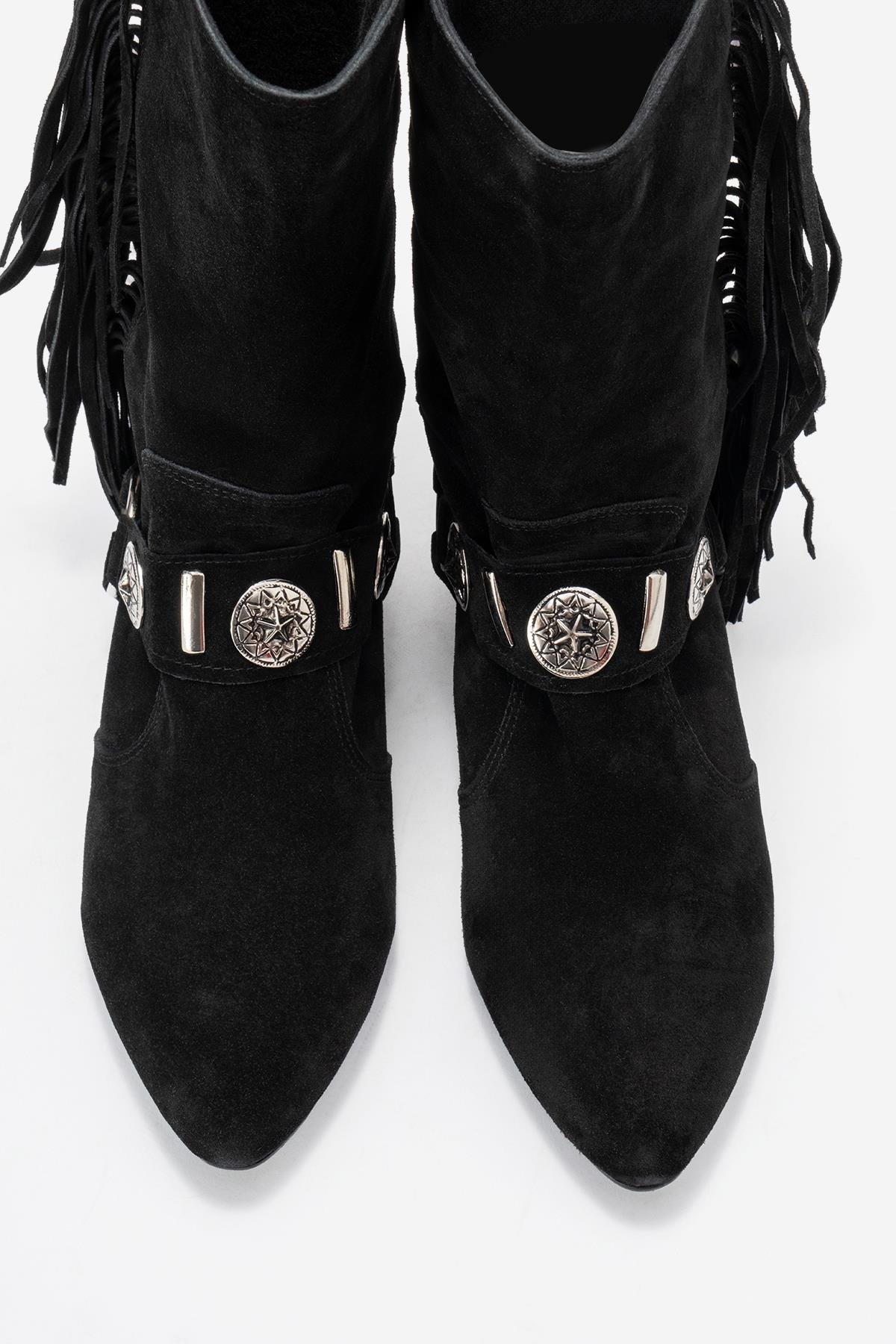 Selora - Black Genuine Leather Buckled Western Boot – side view showing leather, suede, black, Vowalisse