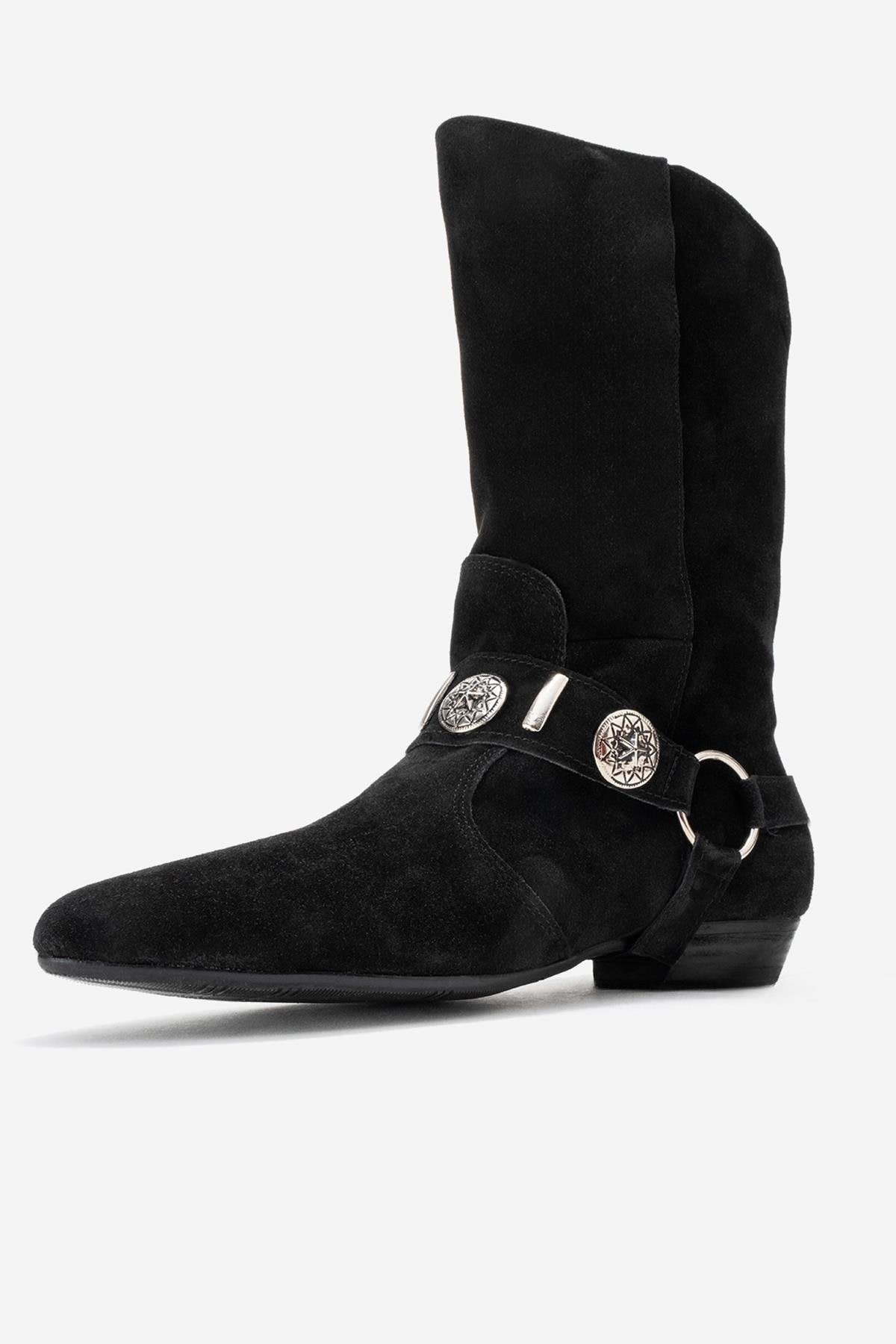 Selora - Black Genuine Leather Buckled Western Boot – heel view showing leather, suede, black, Vowalisse