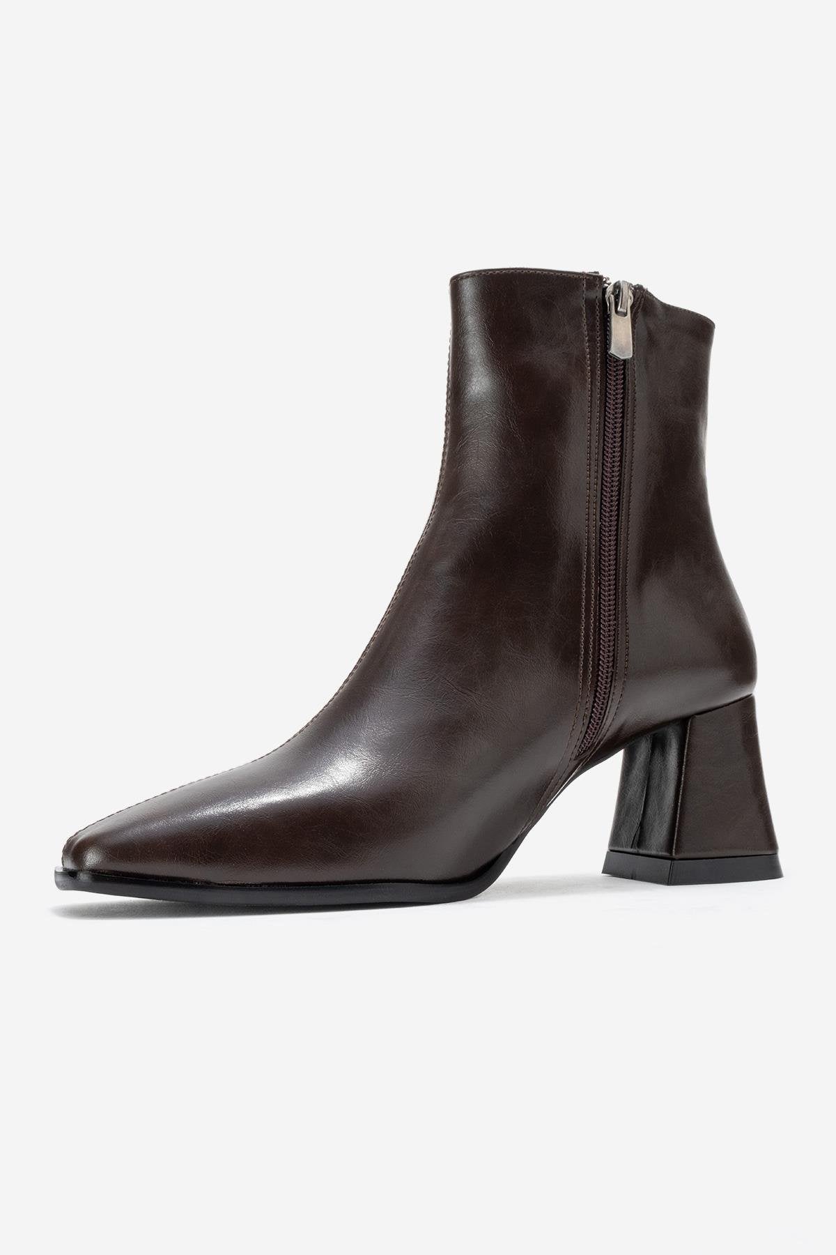 Arven - Brown Block Heel Boot – heel view showing leather, Vowalisse