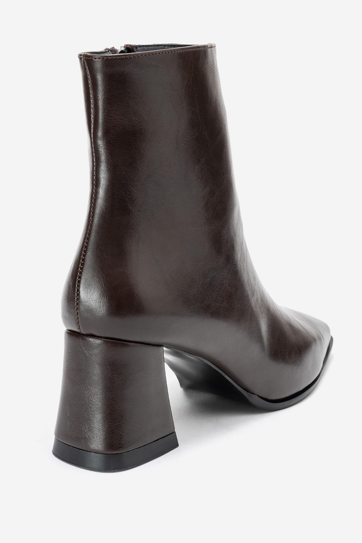Arven - Brown Block Heel Boot – back view showing leather, Vowalisse