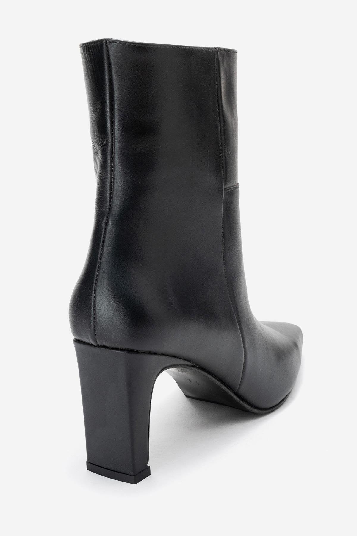 Kyoto - Black Genuine Leather Block Heel Boot – back view showing leather, black, Vowalisse