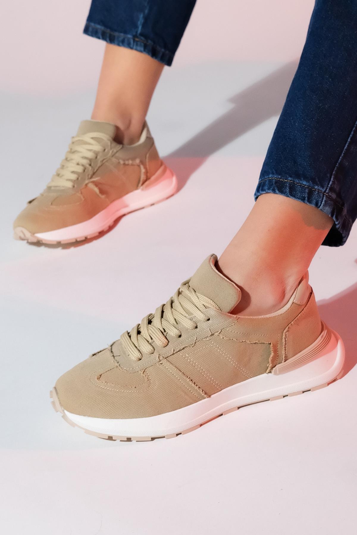 Rafael - Beige Denim Sport Sneaker – back view showing leather, red, Vowalisse