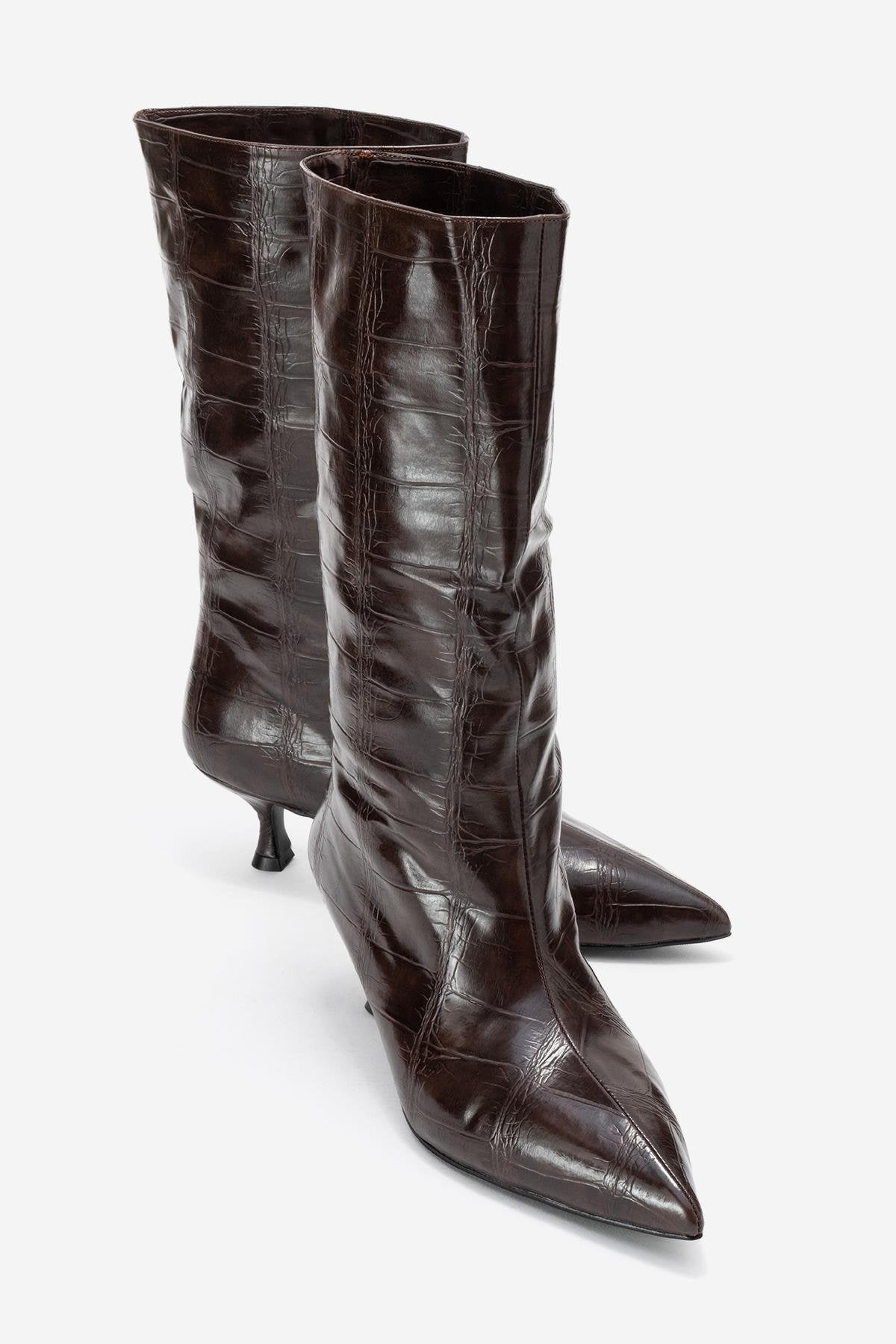 Crow - Brown Embossed Pointed Toe Short Heeled Boot – front three-quarter view showing leather, Vowalisse