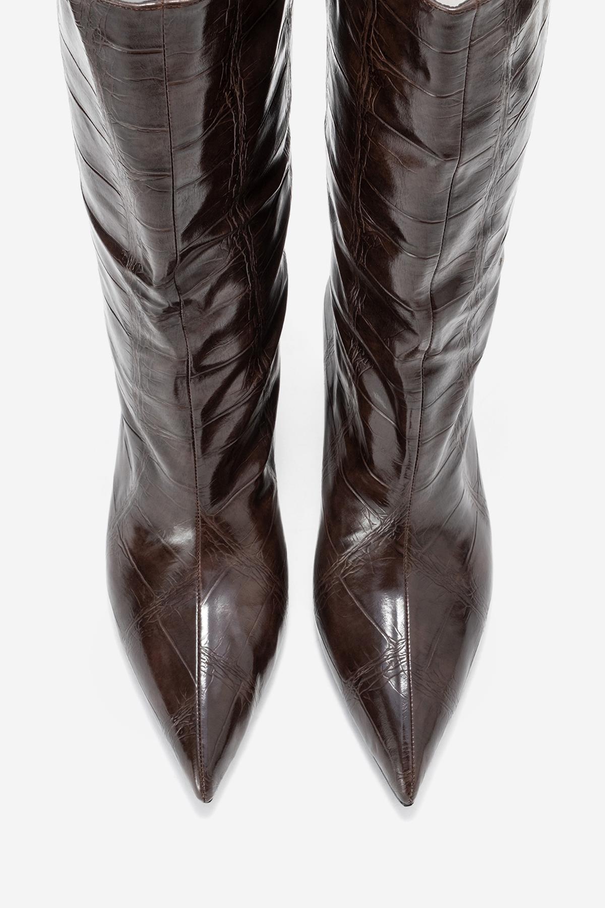 Crow - Brown Embossed Pointed Toe Short Heeled Boot – side view showing leather, Vowalisse