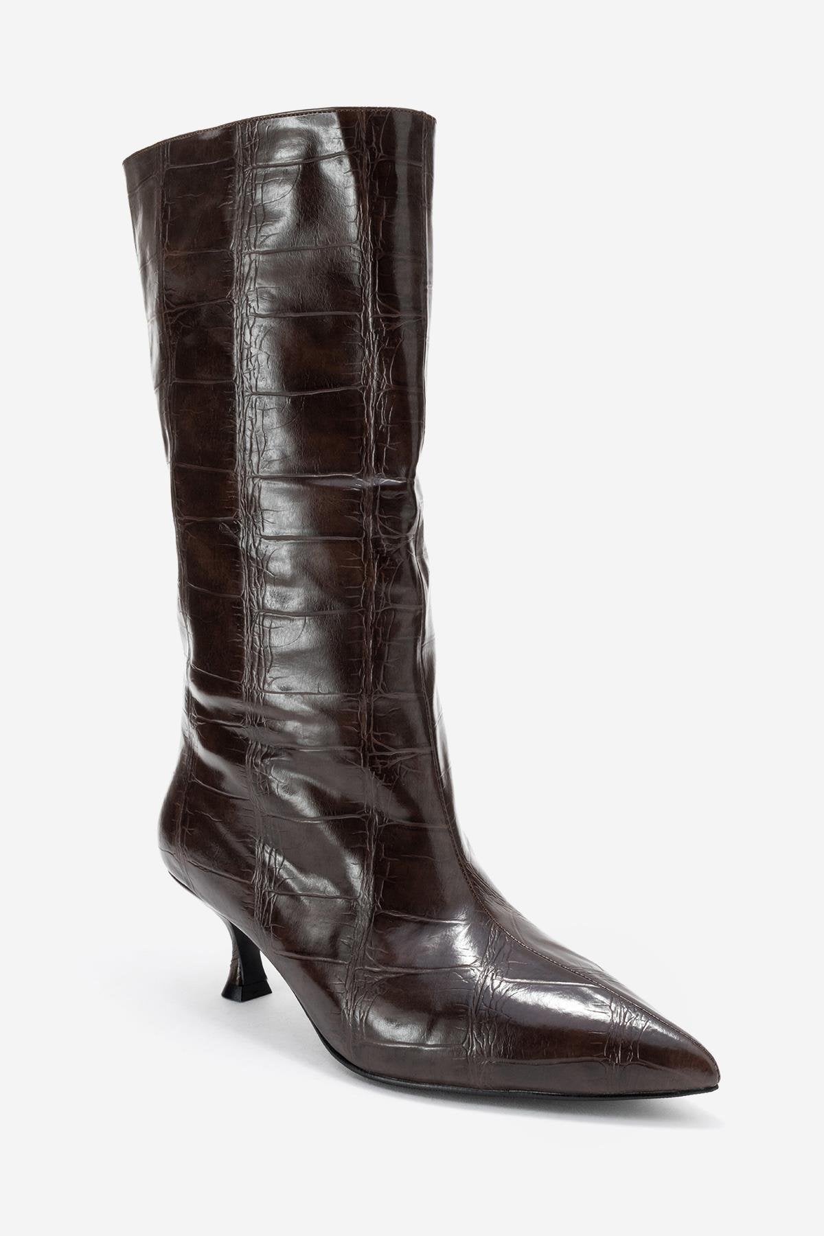 Crow - Brown Embossed Pointed Toe Short Heeled Boot – detail view showing leather, Vowalisse