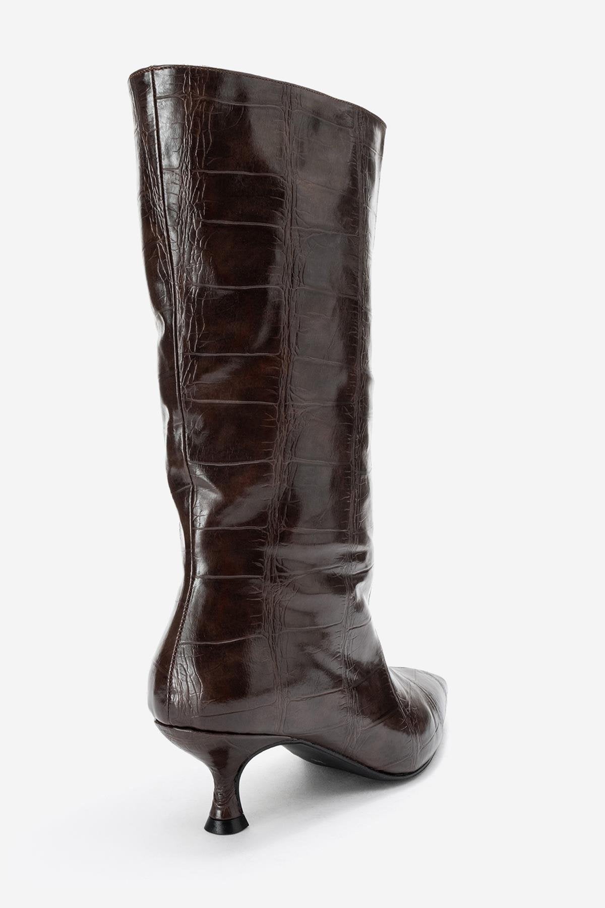 Crow - Brown Embossed Pointed Toe Short Heeled Boot – back view showing leather, Vowalisse