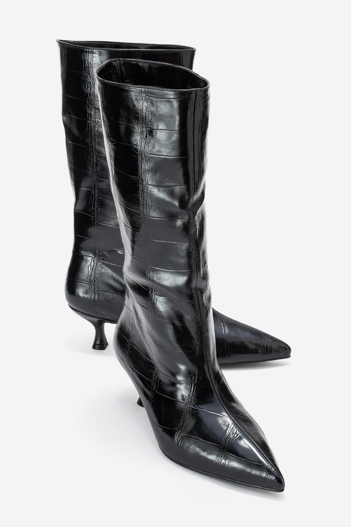 Crow - Black Embossed Pointed Toe Short Heeled Boot – front three-quarter view showing leather, black, Vowalisse