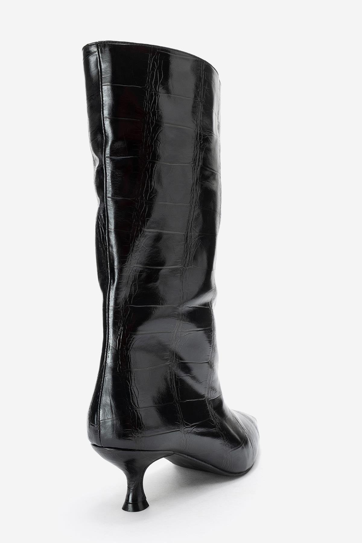 Crow - Black Embossed Pointed Toe Short Heeled Boot – back view showing leather, black, Vowalisse