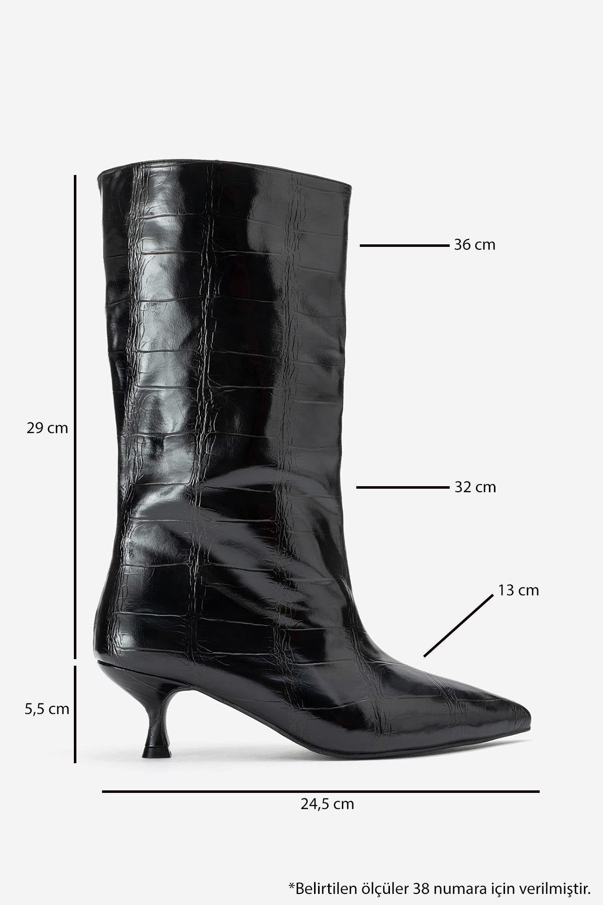 Crow - Black Embossed Pointed Toe Short Heeled Boot – top view showing leather, black, Vowalisse