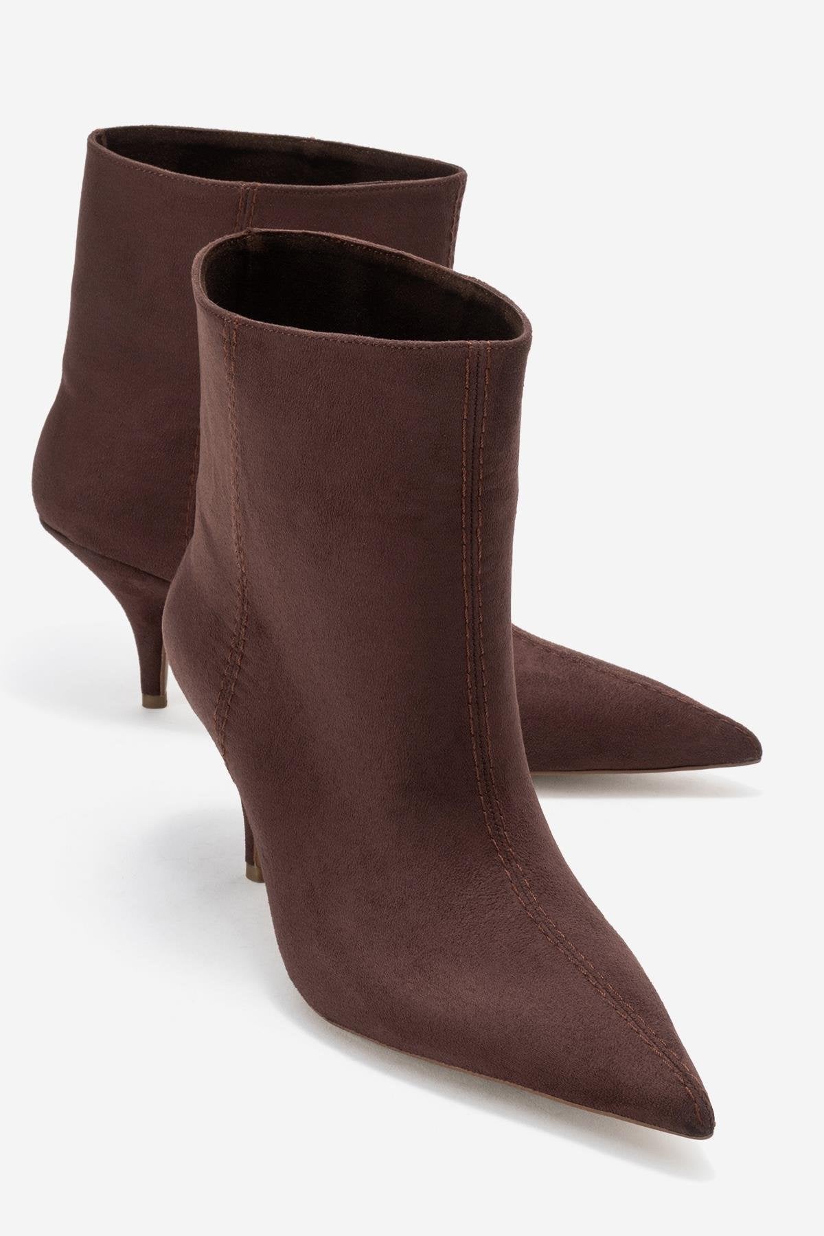 Brivelle - Brown Kitten Heel Pointed Toe Boot – front three-quarter view showing suede, Vowalisse