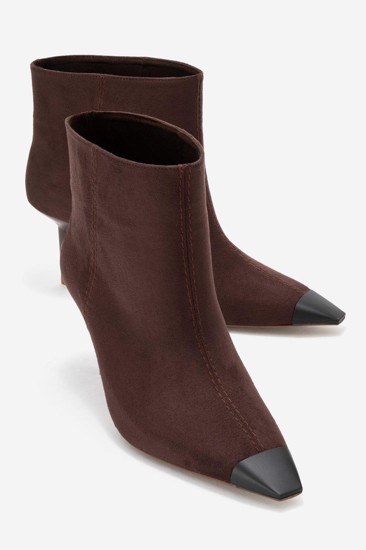 Rassel - Brown Suede Matte Toe Slim Heel Boot – front three-quarter view showing suede, Vowalisse