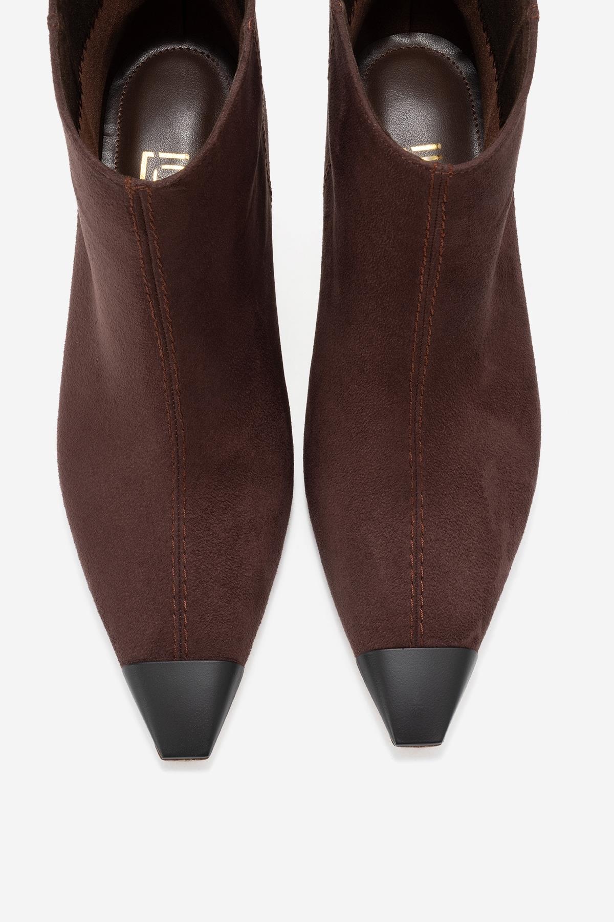 Rassel - Brown Suede Matte Toe Slim Heel Boot – side view showing suede, Vowalisse