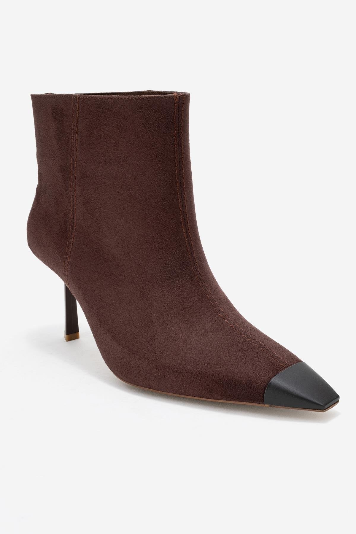Rassel - Brown Suede Matte Toe Slim Heel Boot – detail view showing suede, Vowalisse