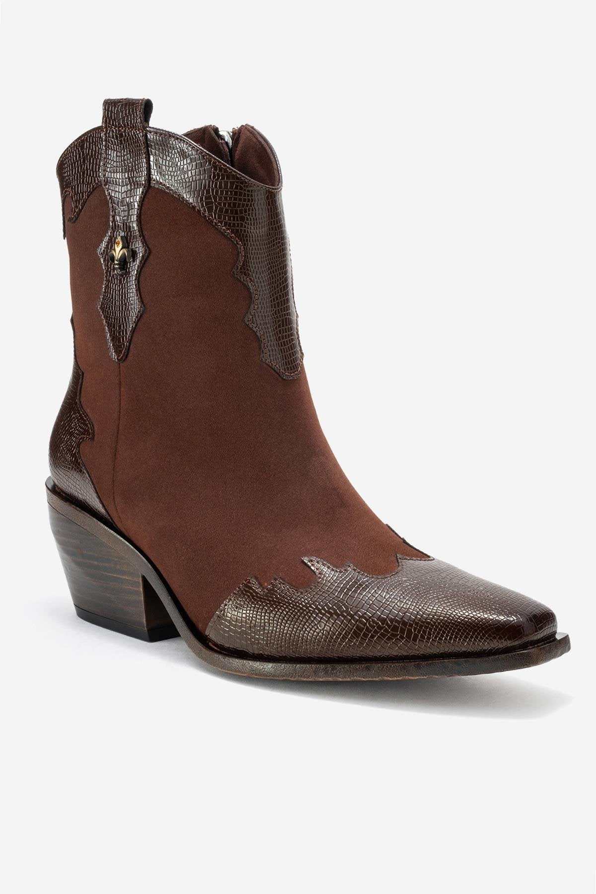 Loel - Brown Suede Patterned Chunky Western Boot – detail view showing leather, suede, Vowalisse