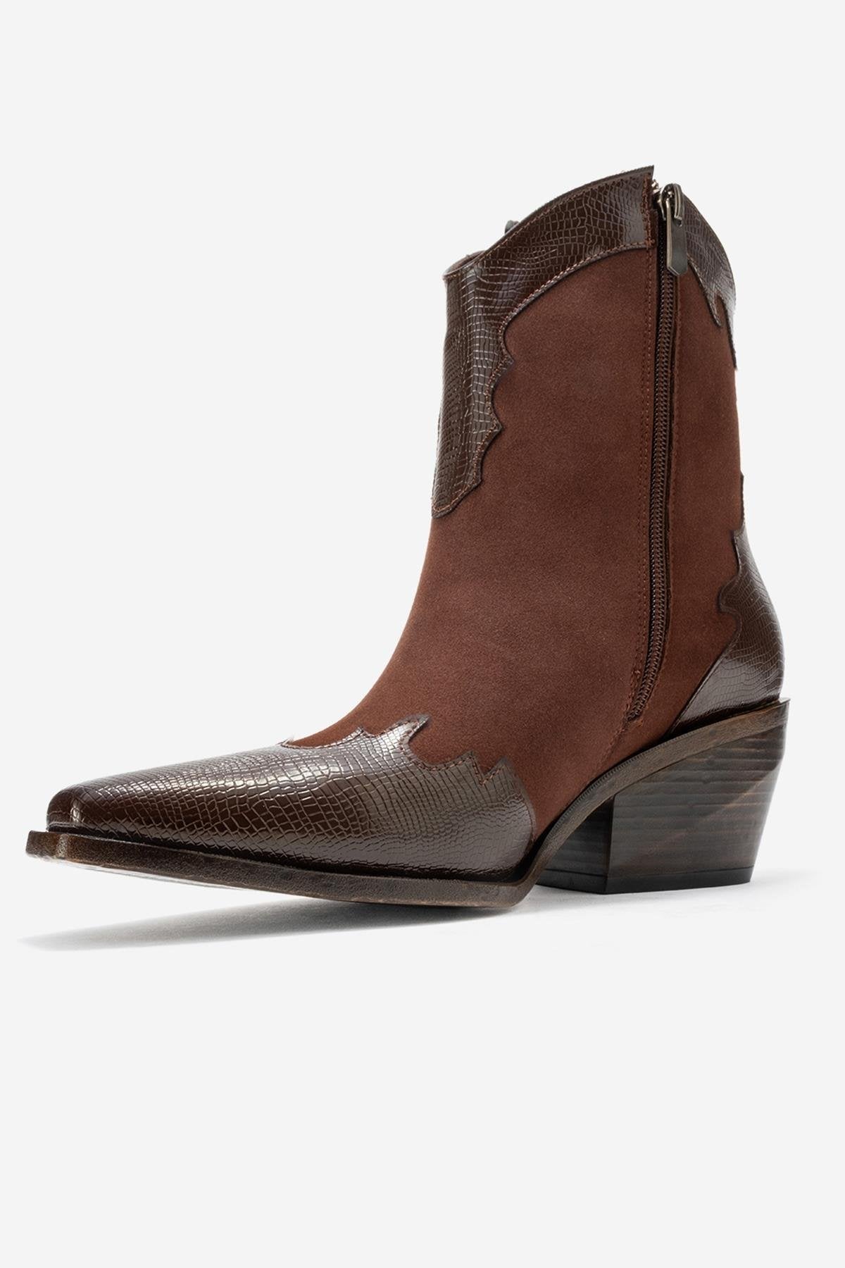 Loel - Brown Suede Patterned Chunky Western Boot – heel view showing leather, suede, Vowalisse
