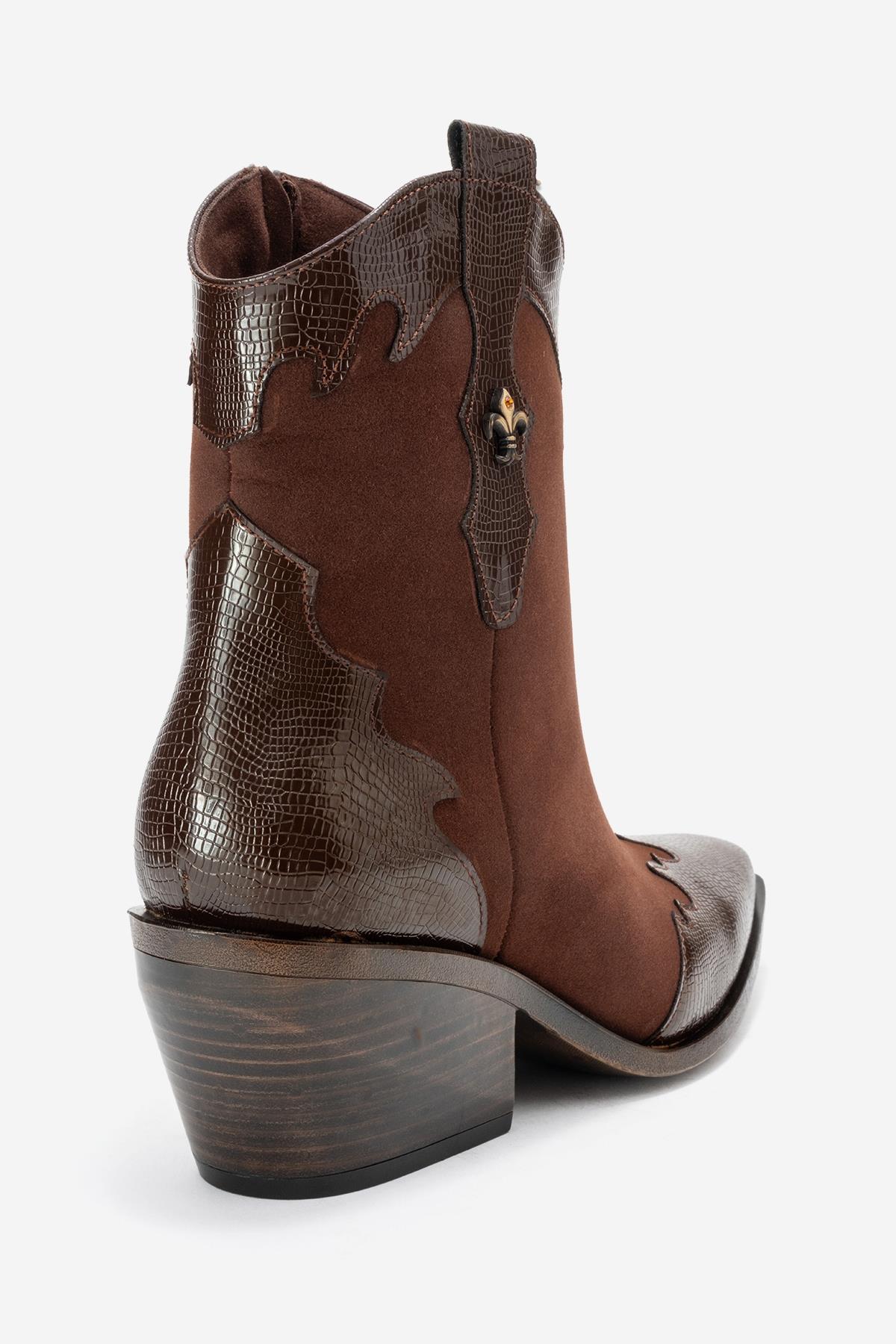 Loel - Brown Suede Patterned Chunky Western Boot – back view showing leather, suede, Vowalisse
