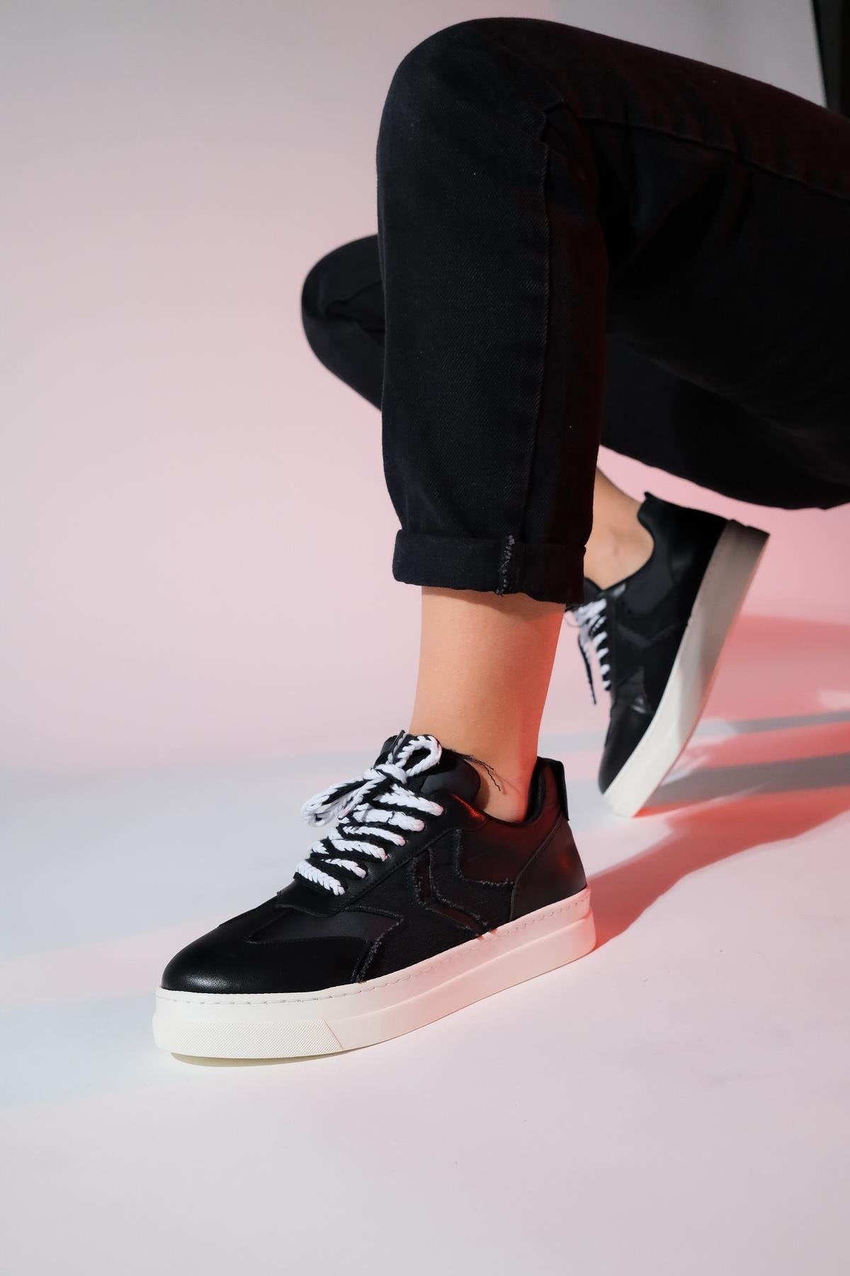 Sande - Black Denim Detail Sport Sneaker – front three-quarter view showing leather, black, Vowalisse
