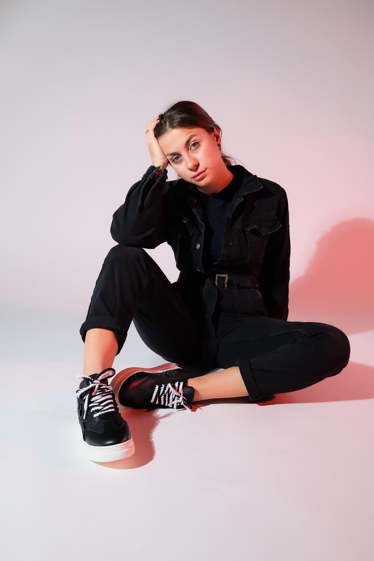Sande - Black Denim Detail Sport Sneaker – side view showing leather, black, Vowalisse