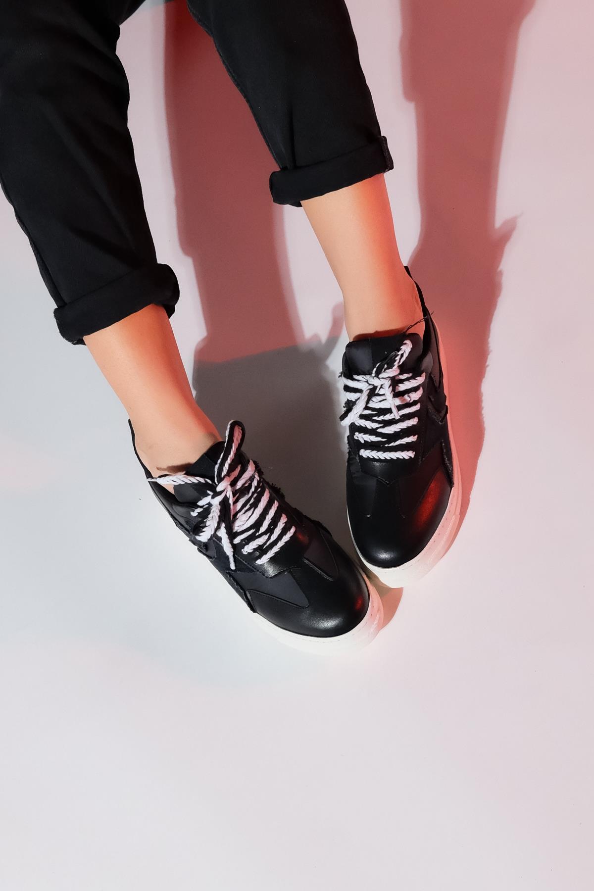 Sande - Black Denim Detail Sport Sneaker – back view showing leather, black, Vowalisse