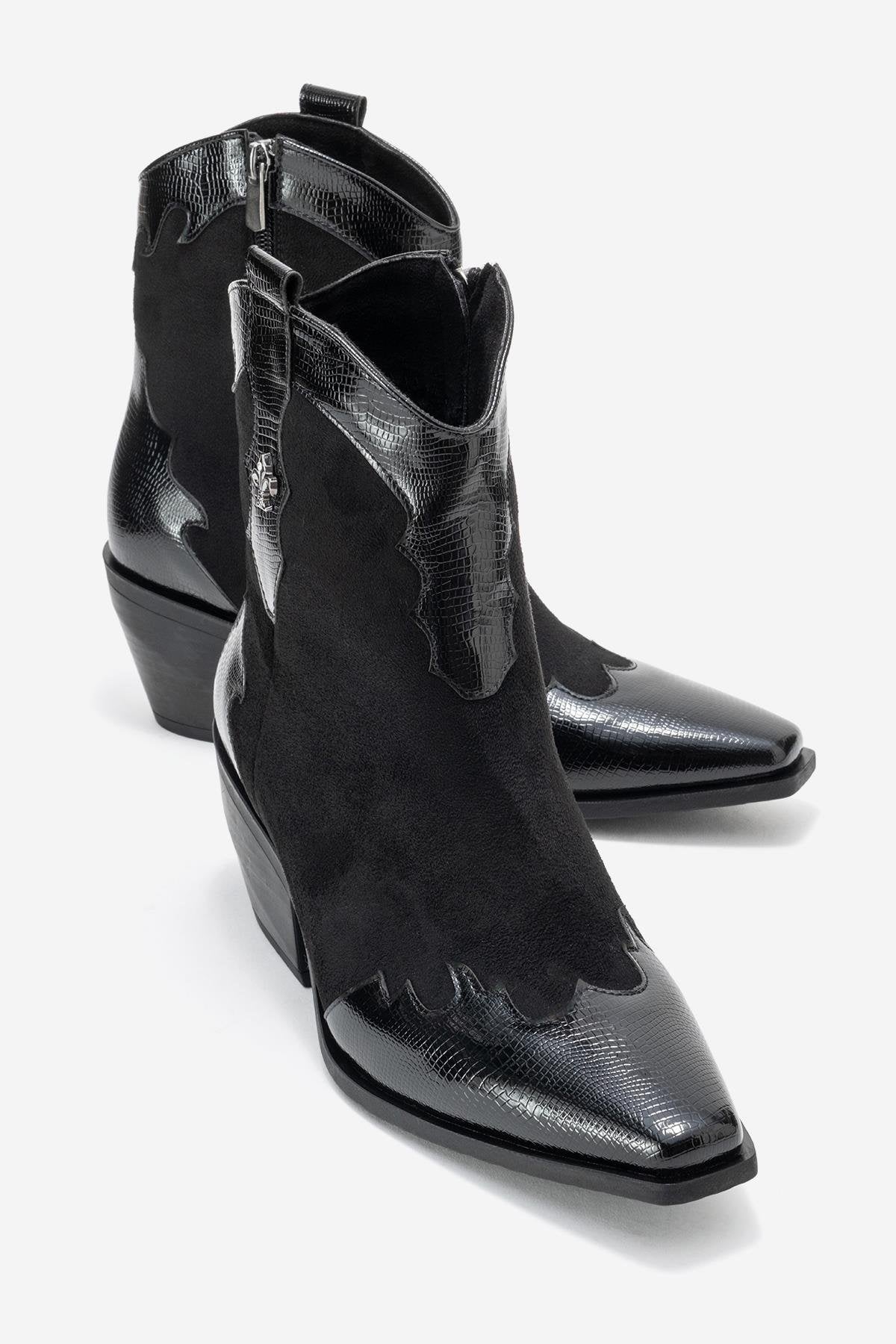 Loel - Black Suede Patterned Chunky Western Boot – front three-quarter view showing leather, suede, black, Vowalisse