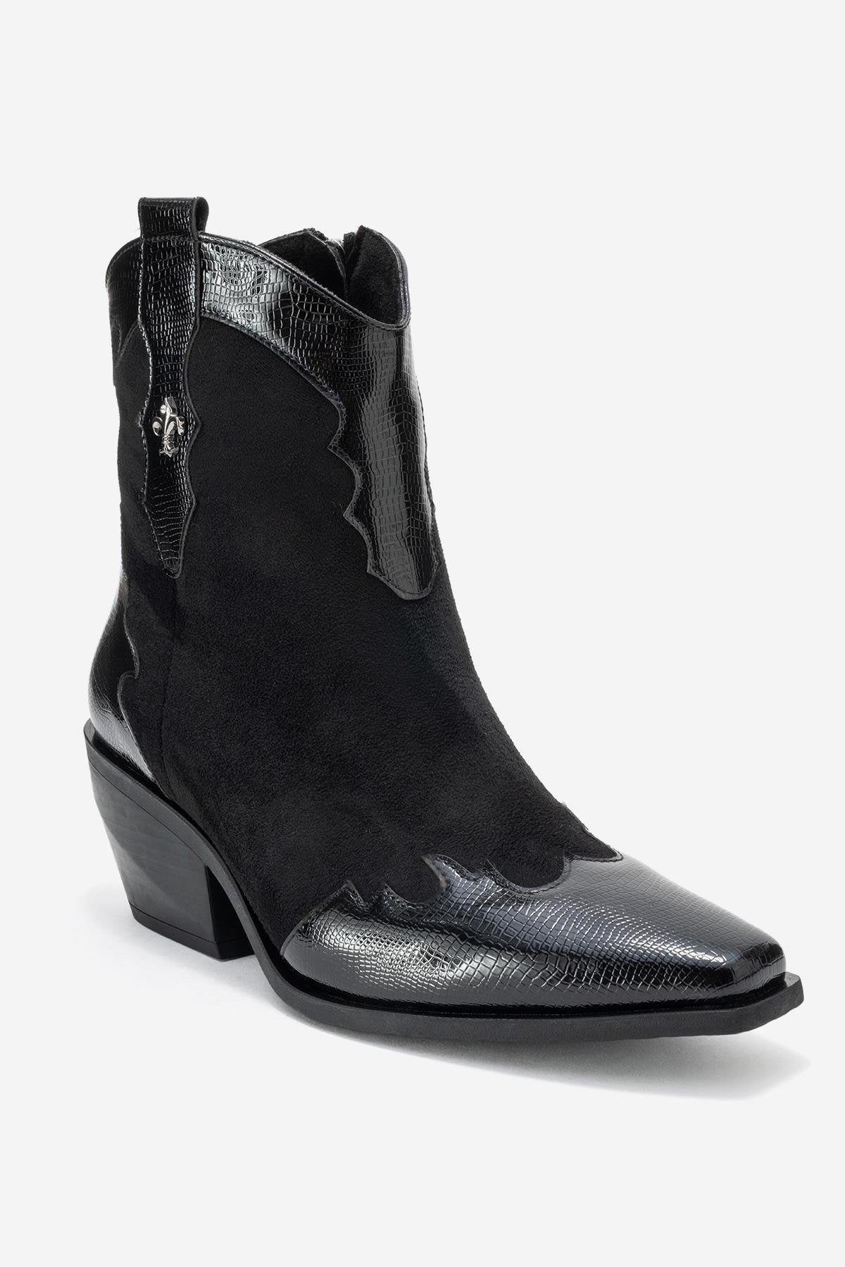 Loel - Black Suede Patterned Chunky Western Boot – detail view showing leather, suede, black, Vowalisse