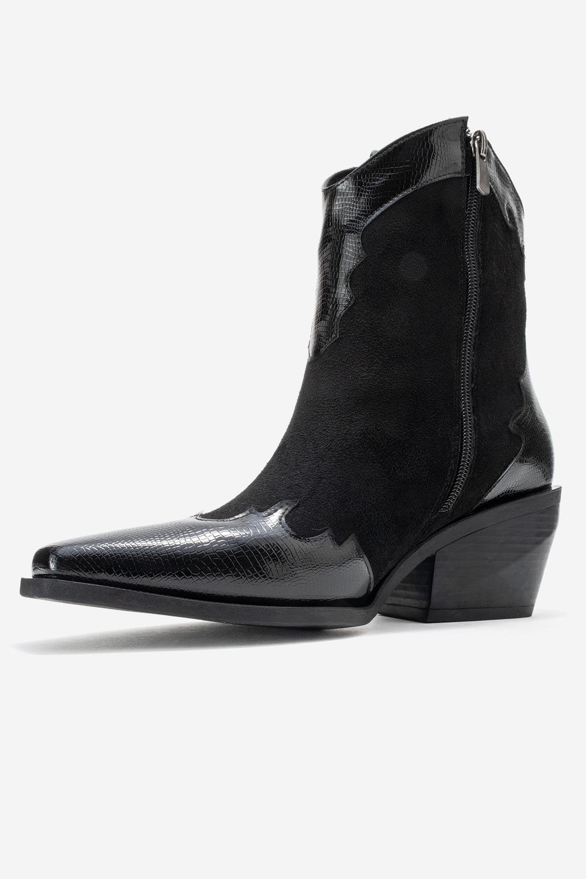 Loel - Black Suede Patterned Chunky Western Boot – heel view showing leather, suede, black, Vowalisse