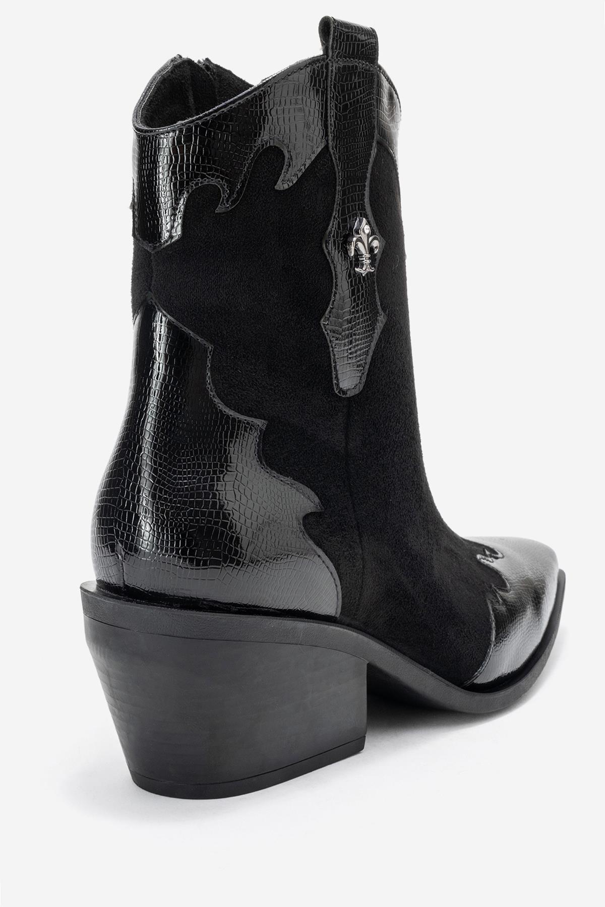 Loel - Black Suede Patterned Chunky Western Boot – back view showing leather, suede, black, Vowalisse