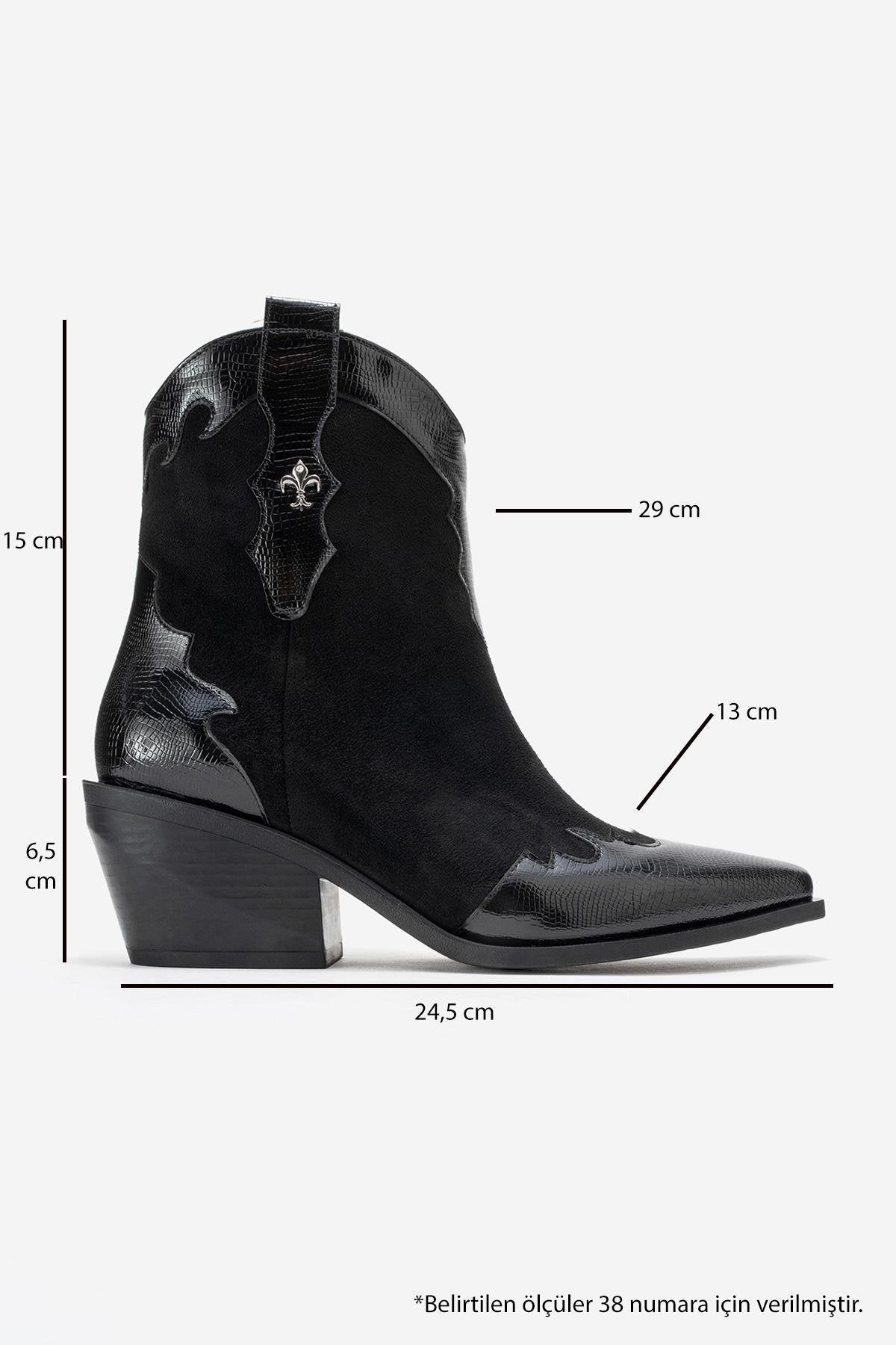 Loel - Black Suede Patterned Chunky Western Boot – top view showing leather, suede, black, Vowalisse