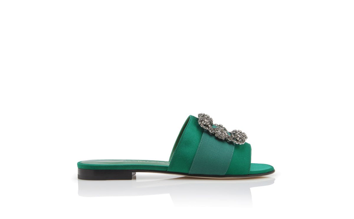 Noelle Muse Green Jewel Buckle Mules – side profile showing green jewel buckle, crystal buckle, satin, Vowalisse