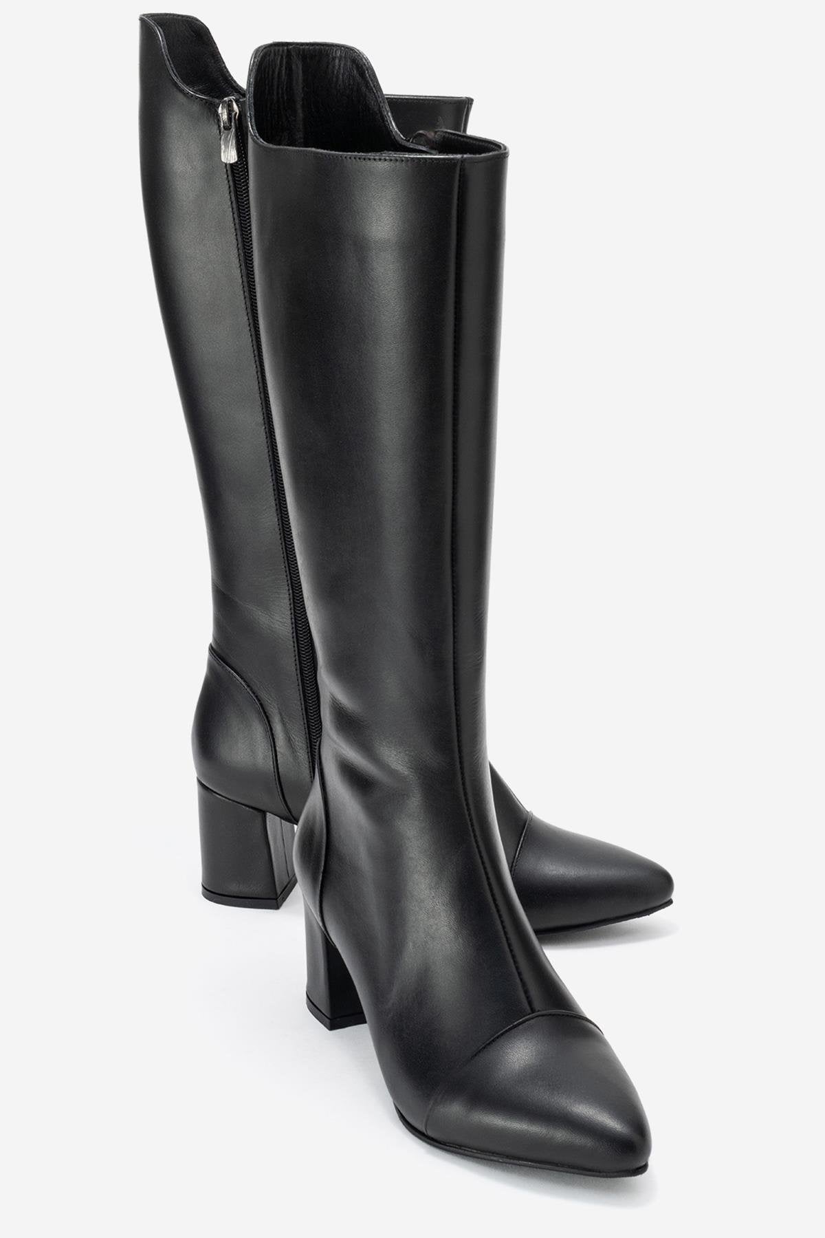 Lumin - Black Genuine Leather Block Heel Knee-High Boot – front three-quarter view showing leather, black, Vowalisse