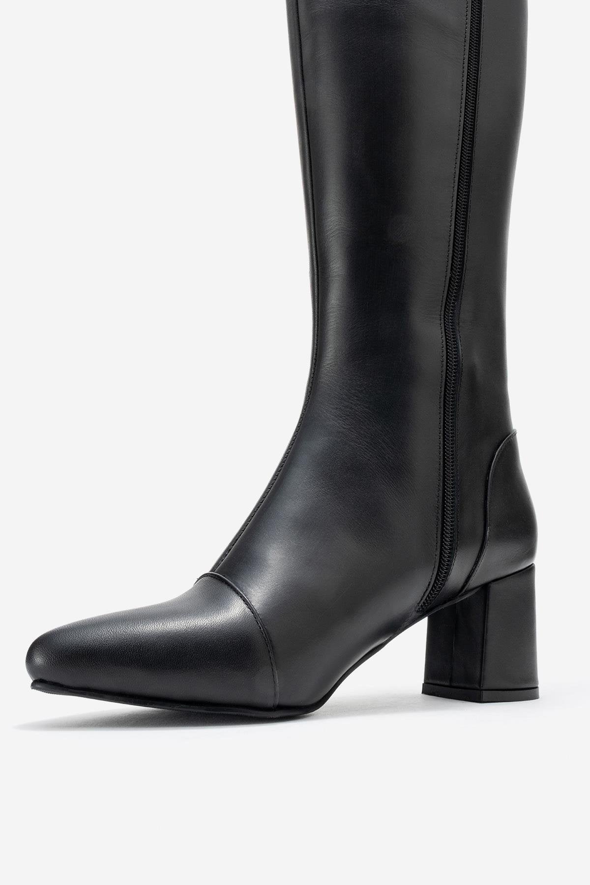 Lumin - Black Genuine Leather Block Heel Knee-High Boot – heel view showing leather, black, Vowalisse