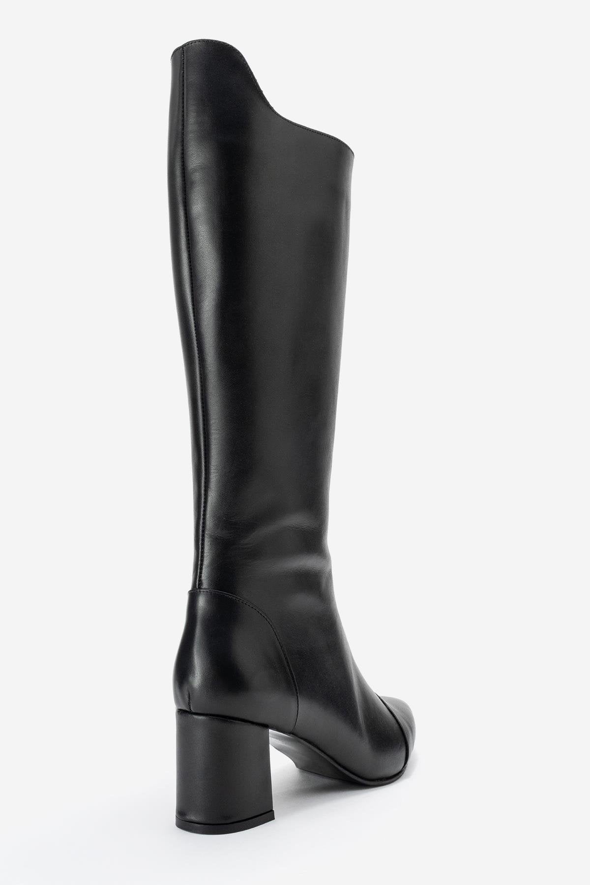 Lumin - Black Genuine Leather Block Heel Knee-High Boot – back view showing leather, black, Vowalisse
