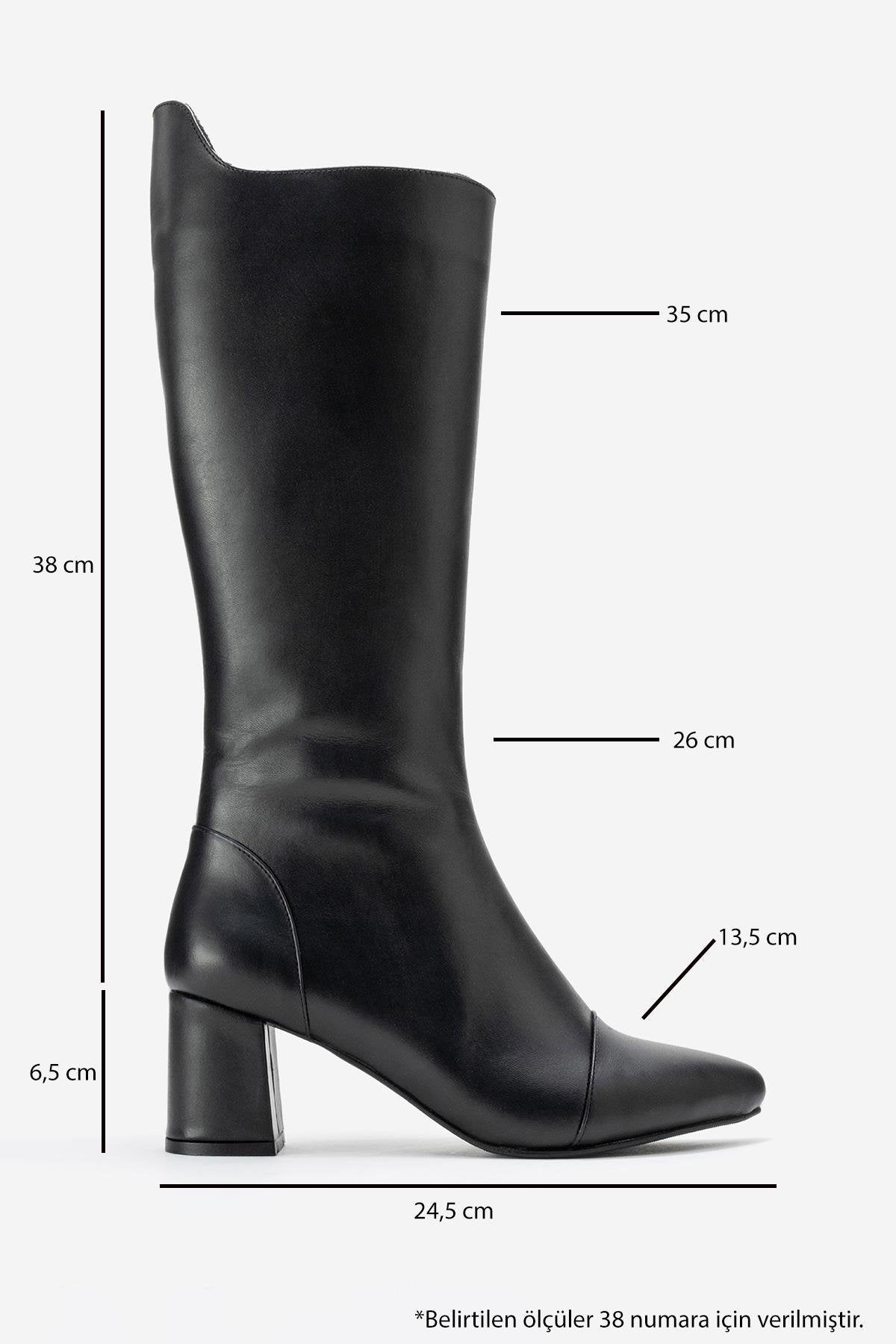 Lumin - Black Genuine Leather Block Heel Knee-High Boot – top view showing leather, black, Vowalisse