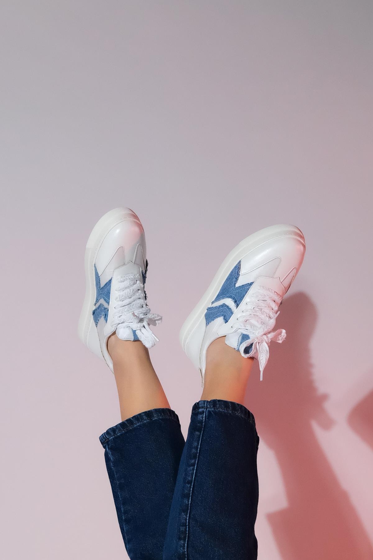Sande - White Denim Detail Sport Sneaker – side view showing leather, white, Vowalisse