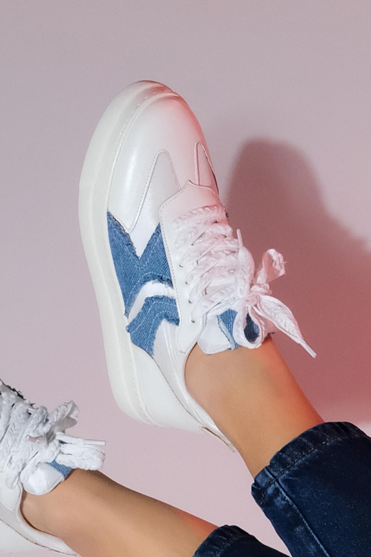 Sande - White Denim Detail Sport Sneaker – back view showing leather, white, Vowalisse