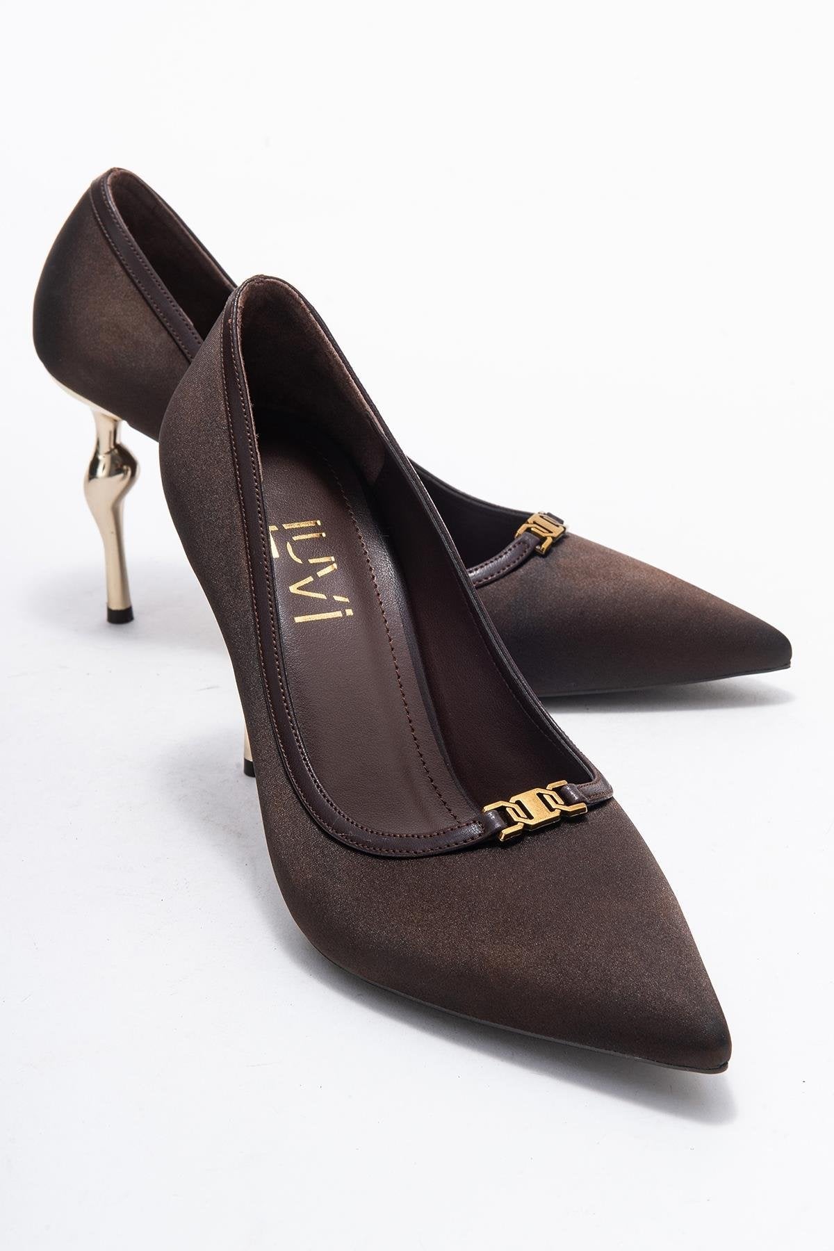 Milos - Brown Buckled Heeled Shoe – front three-quarter view showing satin, leather, metallic, Vowalisse