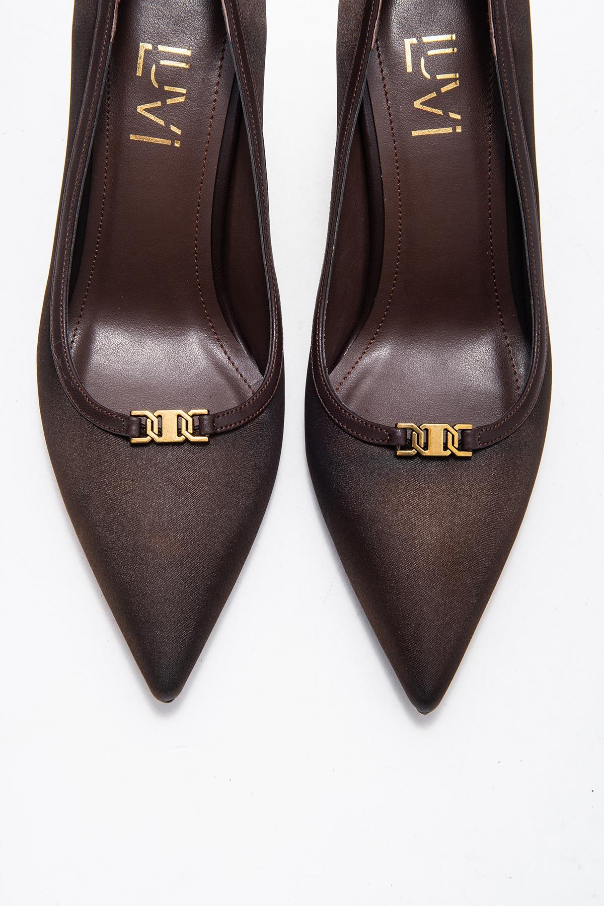Milos - Brown Buckled Heeled Shoe – side view showing satin, leather, metallic, Vowalisse