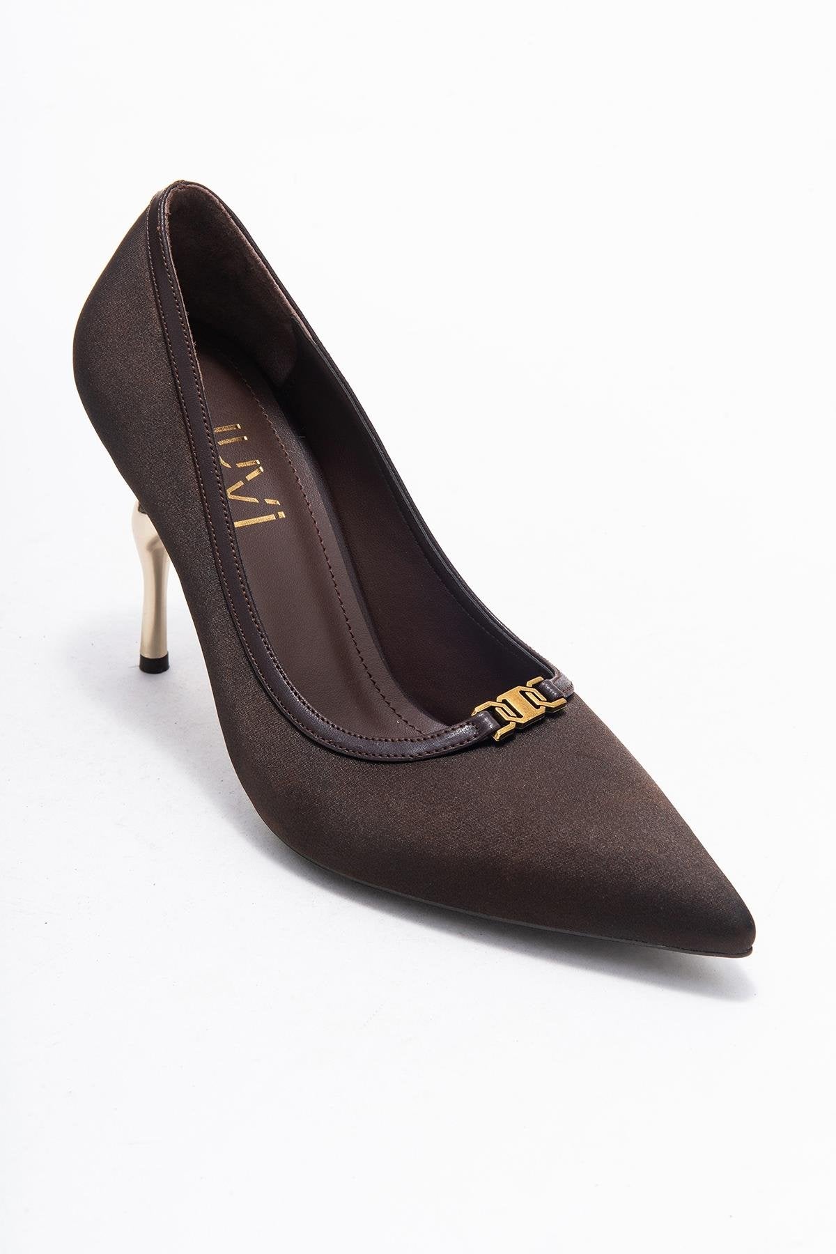 Milos - Brown Buckled Heeled Shoe – detail view showing satin, leather, metallic, Vowalisse