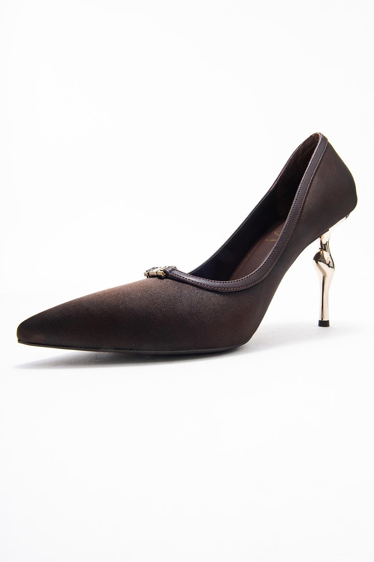 Milos - Brown Buckled Heeled Shoe – heel view showing satin, leather, metallic, Vowalisse