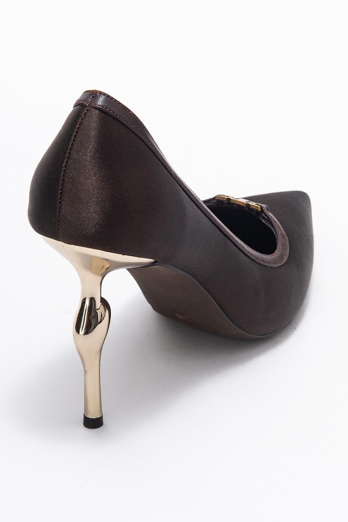 Milos - Brown Buckled Heeled Shoe – back view showing satin, leather, metallic, Vowalisse