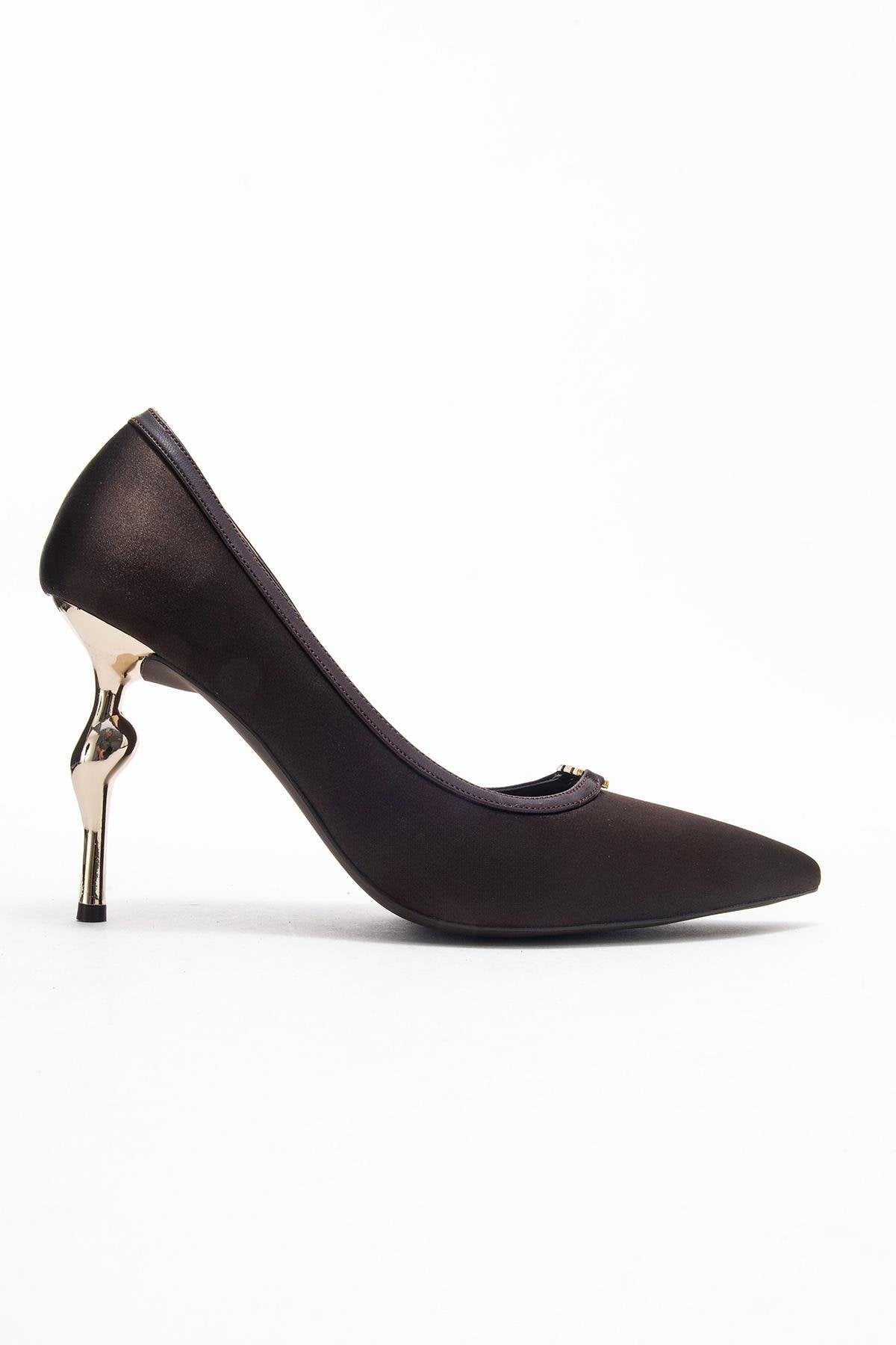 Milos - Brown Buckled Heeled Shoe – top view showing satin, leather, metallic, Vowalisse