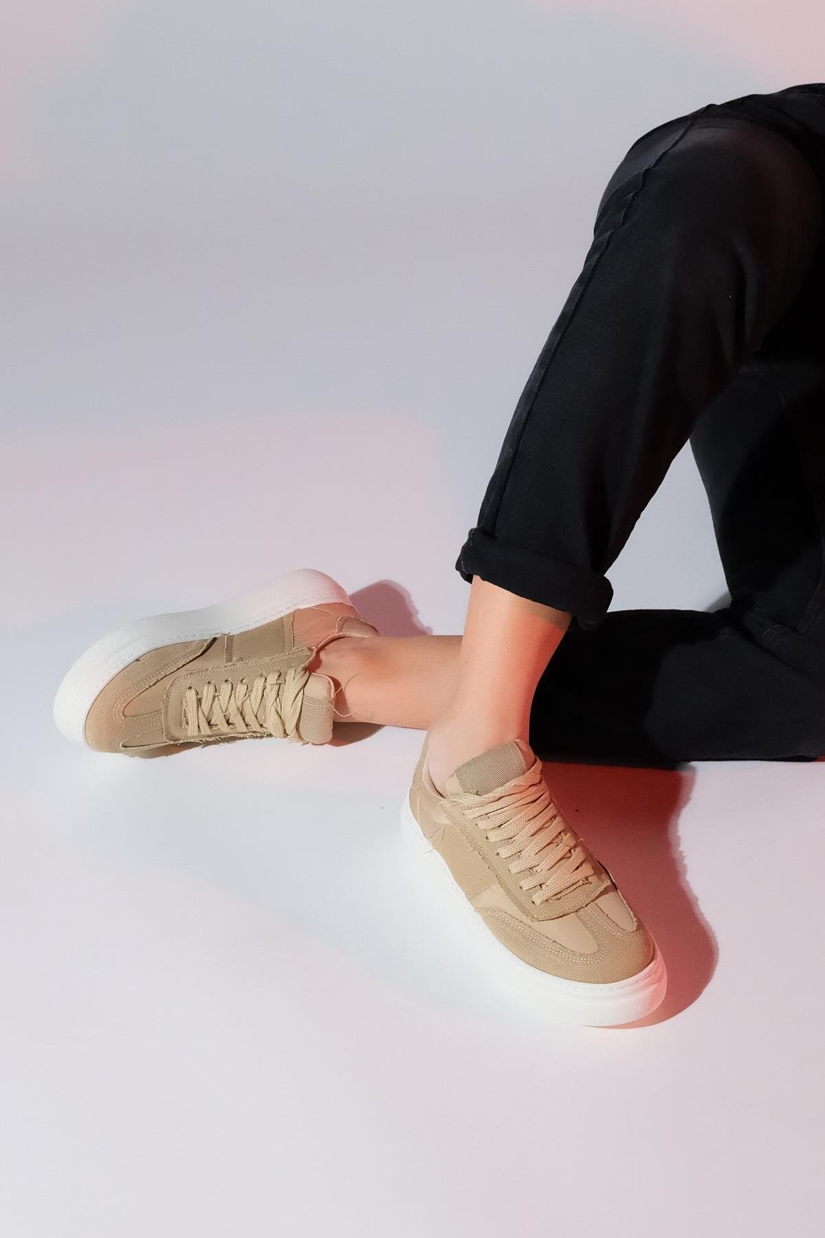 Jose - Beige Denim Sport Sneaker – heel view showing leather, Vowalisse