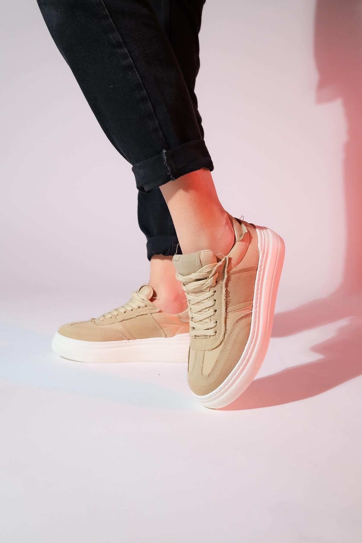 Jose - Beige Denim Sport Sneaker – back view showing leather, Vowalisse