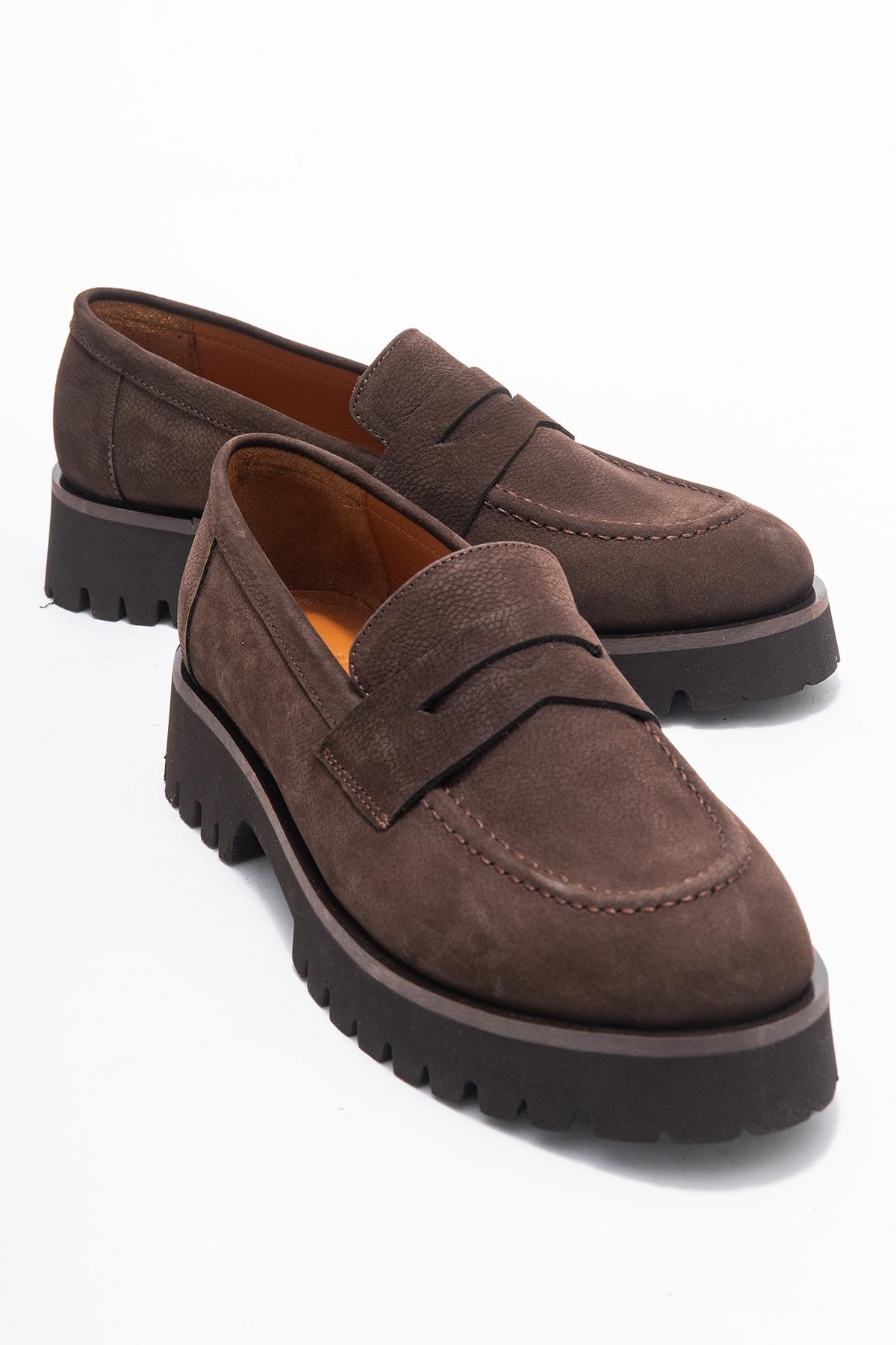 Vionel - Brown Nubuck Genuine Leather Loafer – front three-quarter view showing leather, Vowalisse