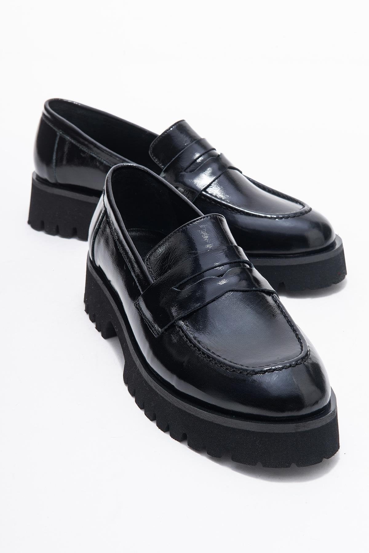 Vionel - Black Patent Genuine Leather Loafer – front three-quarter view showing leather, black, Vowalisse