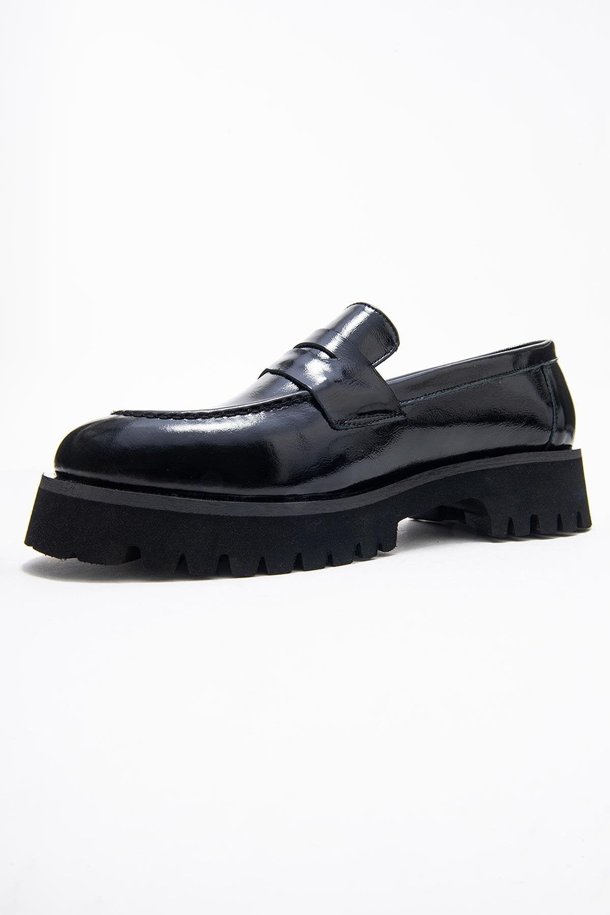 Vionel - Black Patent Genuine Leather Loafer – heel view showing leather, black, Vowalisse