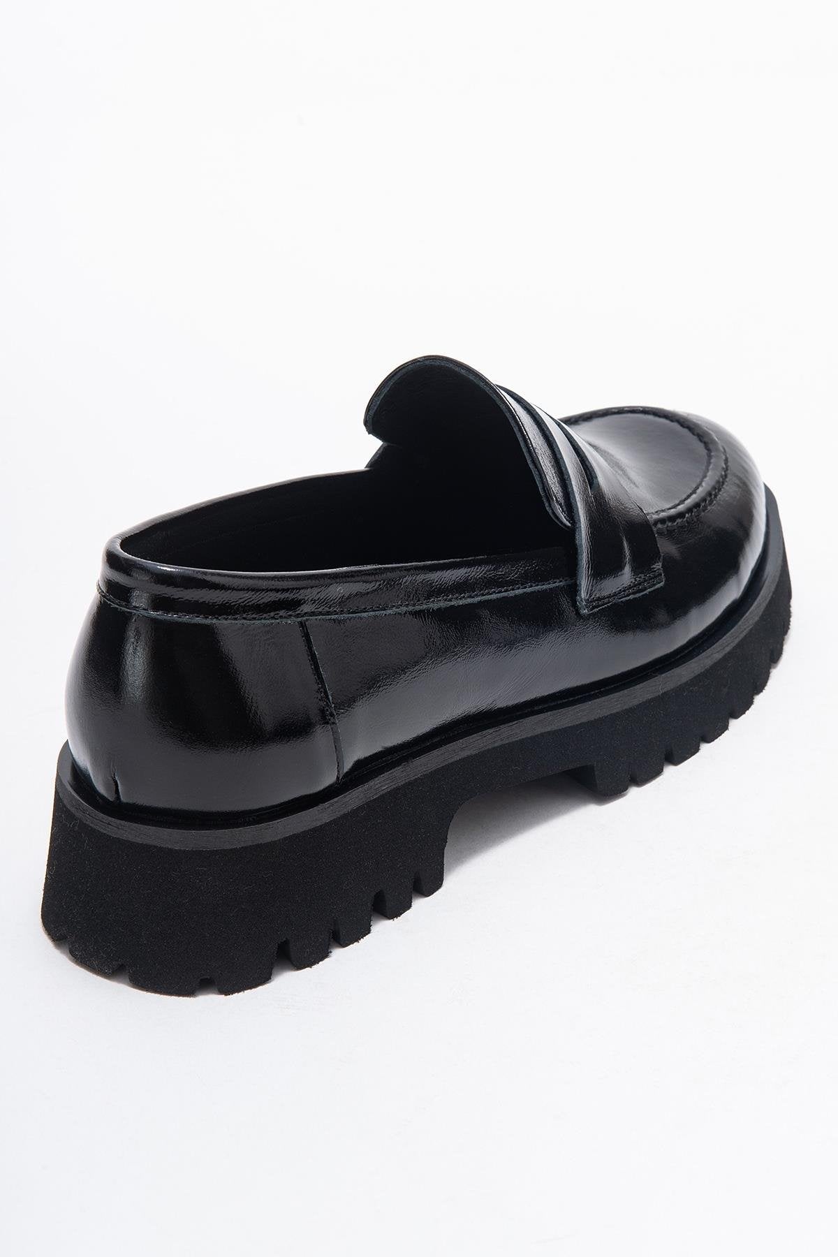Vionel - Black Patent Genuine Leather Loafer – back view showing leather, black, Vowalisse